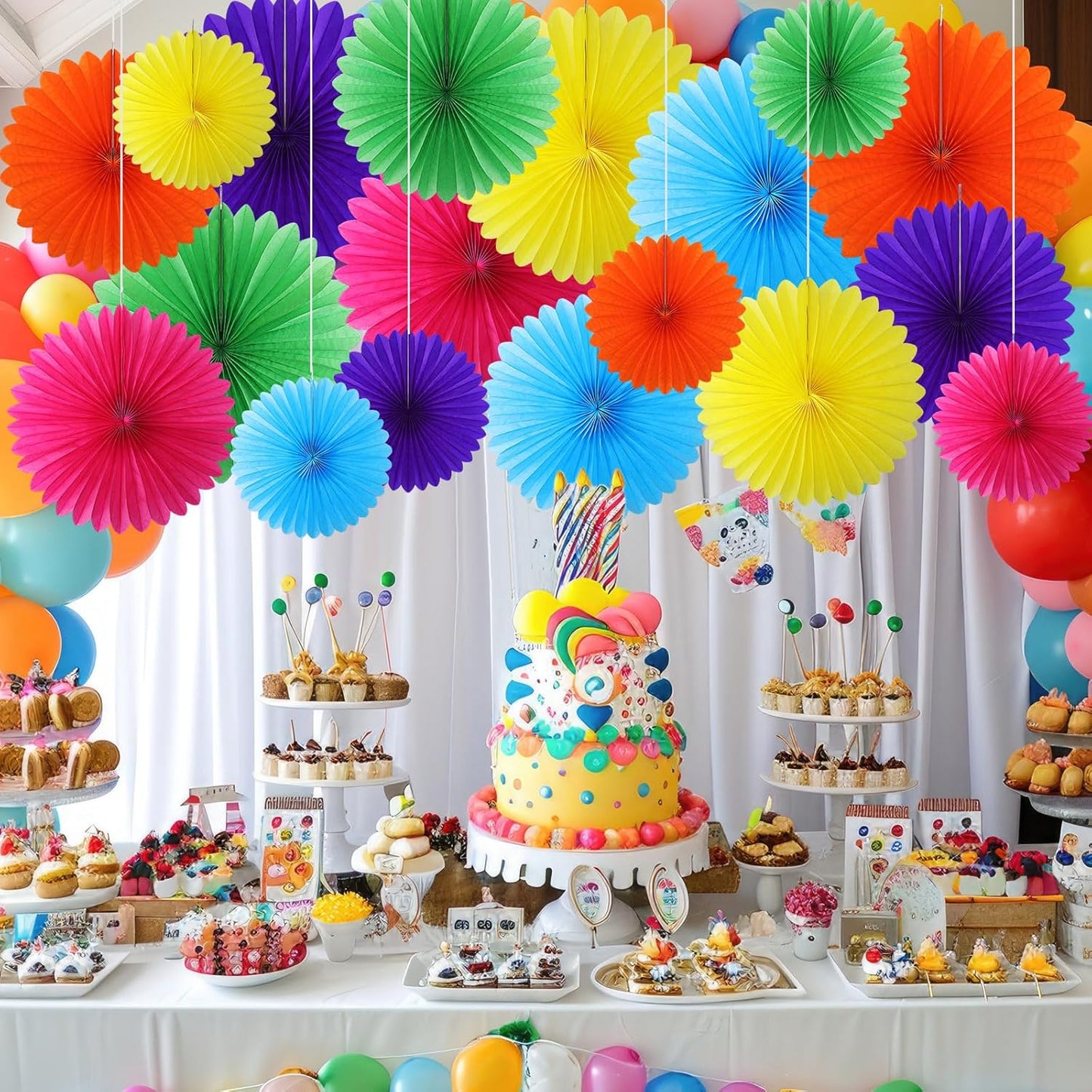 MotiMind 24 Pcs Rainbow Paper Fans Rainbow Party Decorations Classroom Decor Wall Background Ceiling Hanging Decoration for Birthday Wedding Baby Bridal Shower Engagement Party Decor