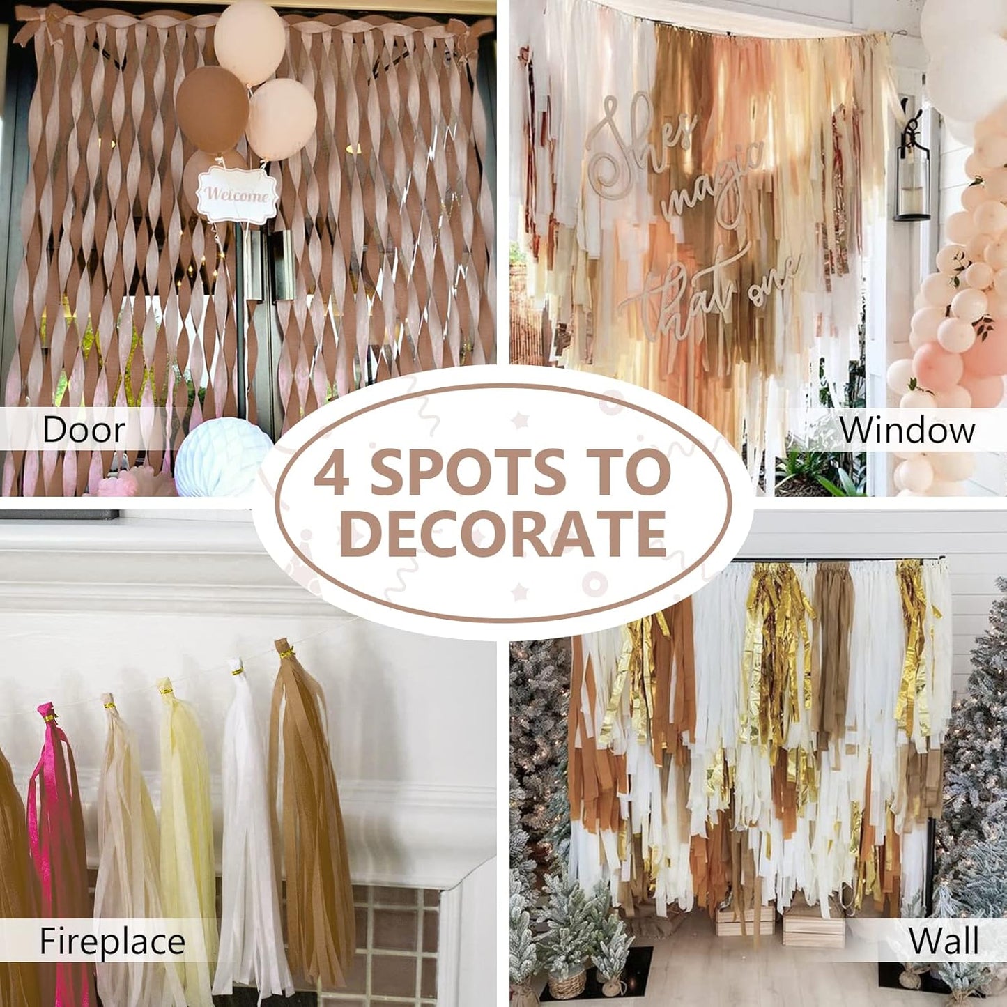 PartyWoo Brown Crepe Paper Streamers 4pcs 328ft Pack of Boho Neutral Sand White Crepe Paper Streamers for Birthday Baby Shower Wedding Graduation Anniversary Woodland Jungle Theme Party Decorations