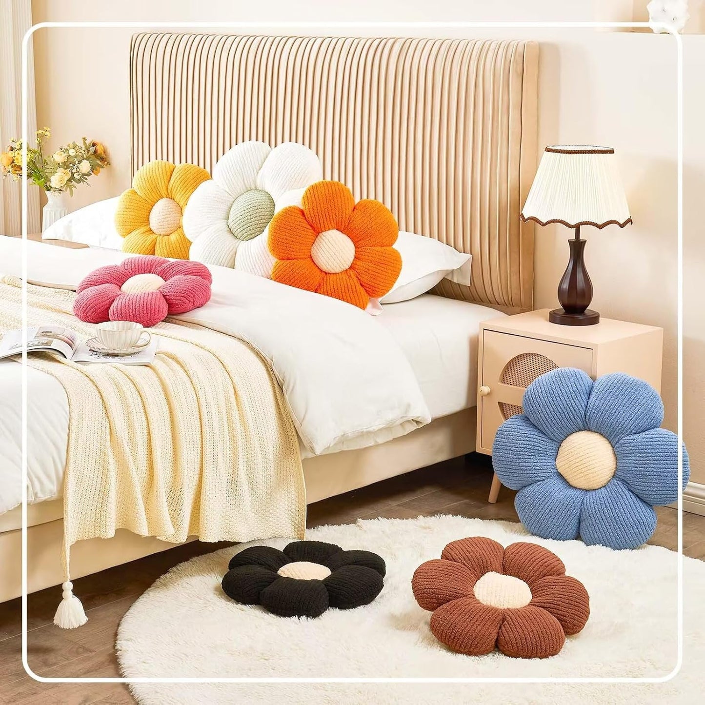 Flower Throw Pillow, Soft White Green 17.7" Shaped Floor Pillow for Home Decor, Cute Aesthetic Plush Decorative Pillows for Bed, Sofa, Couch