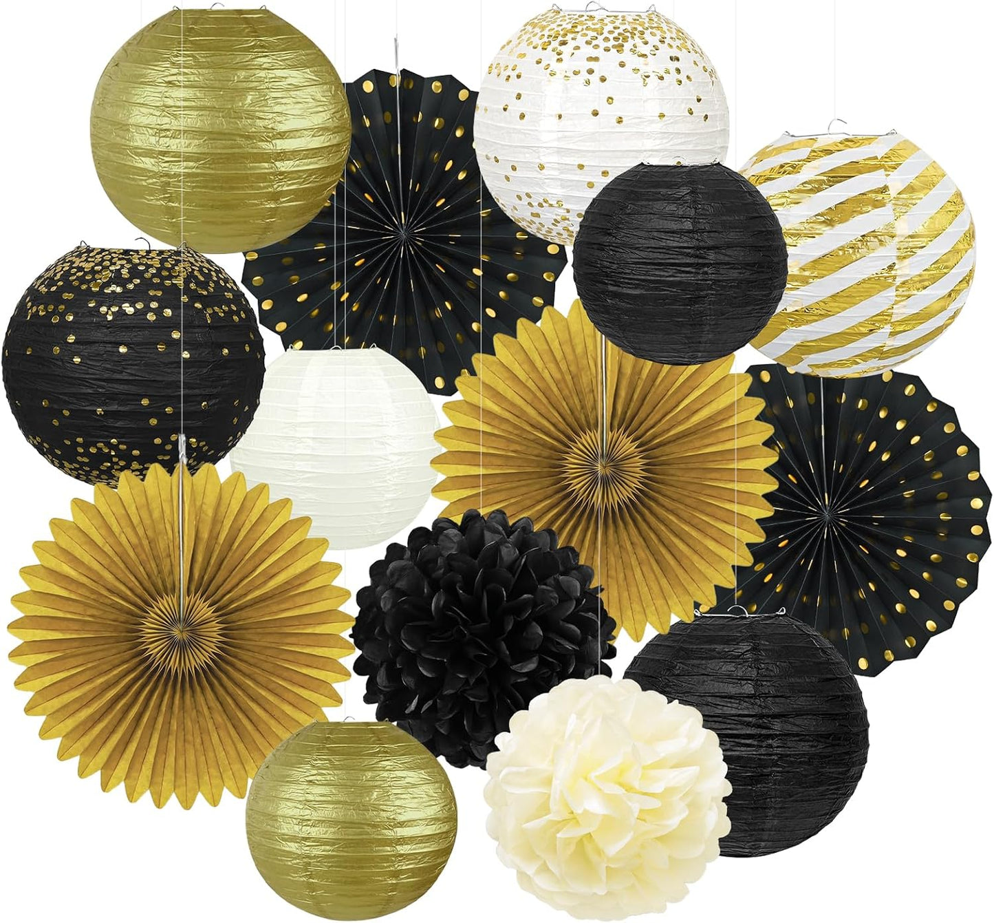 14Pcs Black and Gold Party Decorations, Hanging Paper Lanterns Fans Tissue Flower Pom Poms for Men Birthday Graduation Retirement New Years Decorations New Years Eve Party Supplies 2026