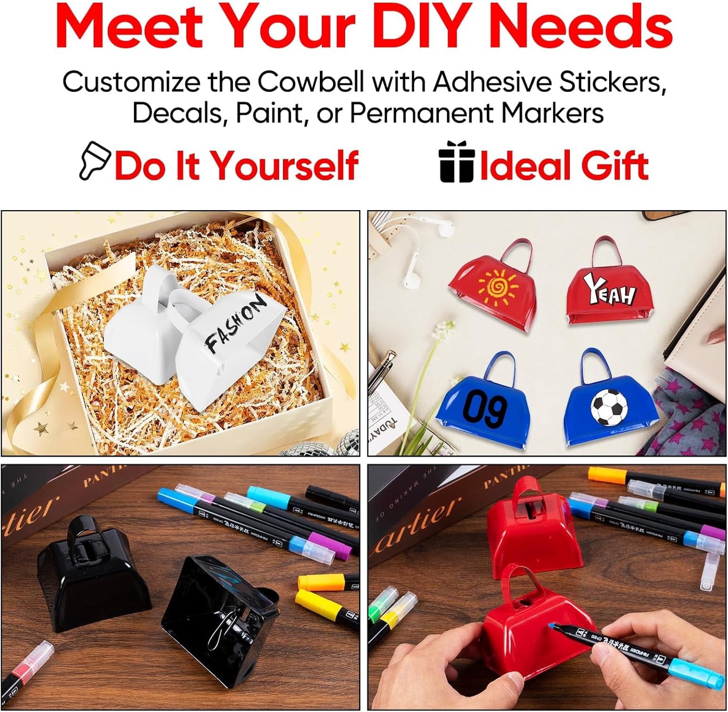 Cow Bells Noise Makers Red Cheering Bell for Sporting Events: 12 Pcs Metal Cowbells with Handle - Small Loud Bell Bulk Hand Percussion for Football Games Graduation Weddings-Red