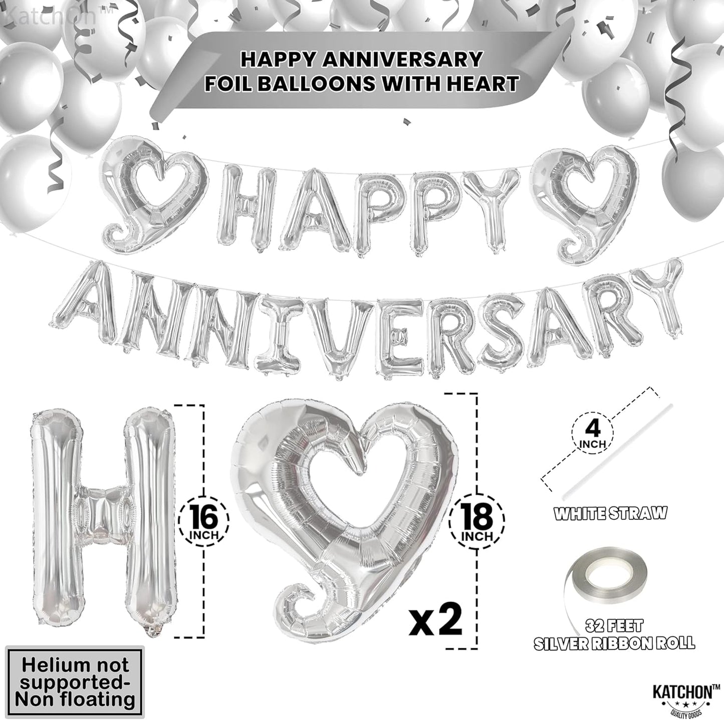 KatchOn, Silver Happy Anniversary Balloons Letters - Big, 18 Inch | Silver Happy Anniversary Balloon Banner | Heart Balloons