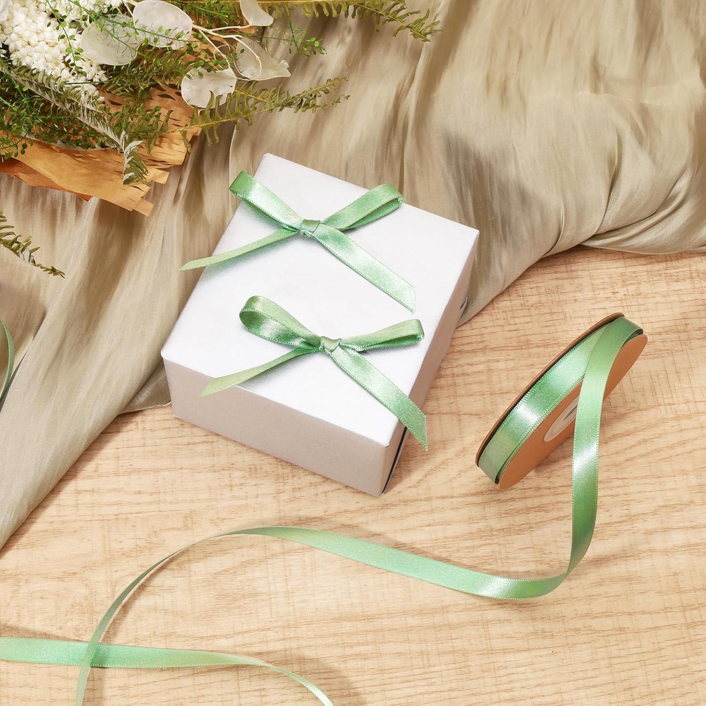 LaRibbons Sage Green Ribbon 3/8 Inch 25 Yards Luxury Double Faced Green Silk Ribbon for Flower Bouquet Crafts Gift Wrapping Wedding Party Decoration