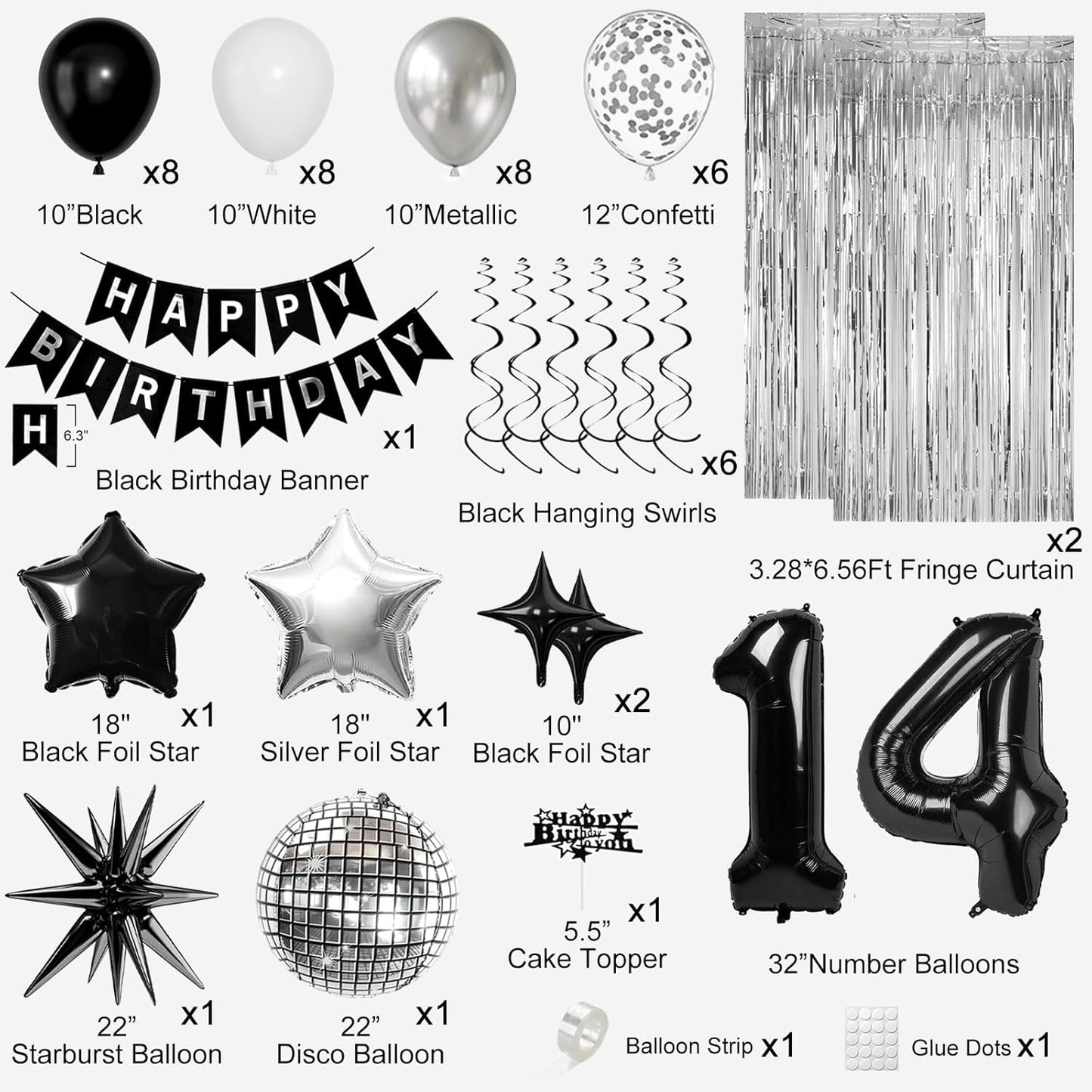 14th Birthday Decorations for Boys Girls, Black Silver Happy Birthday Party Decorations， 14 Year Old Party Supplies with Number 14 Balloons, Banner, Fringe Curtains Kit