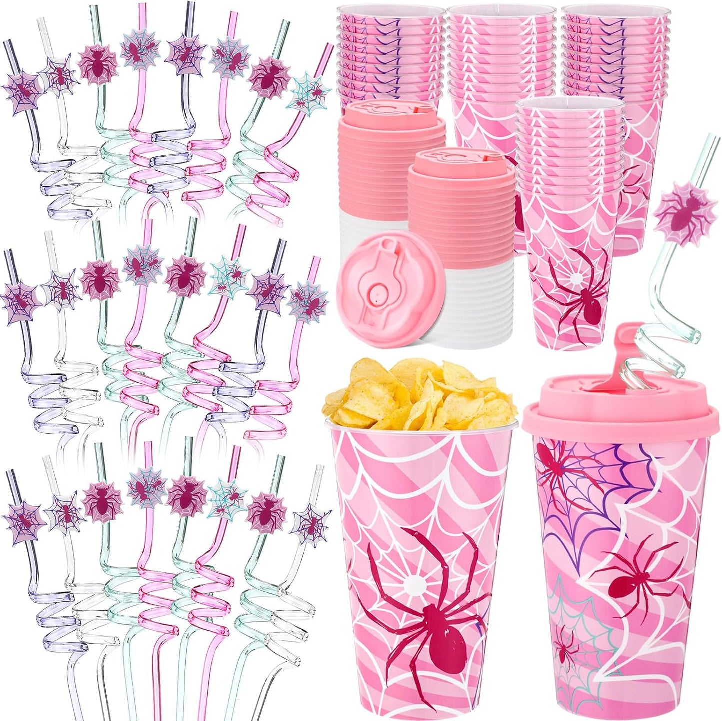 Yungyan 16 Sets Pink Spider Party Favors Goodie Cups with Lids and Straws for Halloween Party Decorations Reusable 16oz Plastic Candy Cups Plastic Straws for Birthday Gift (Pink Spider)