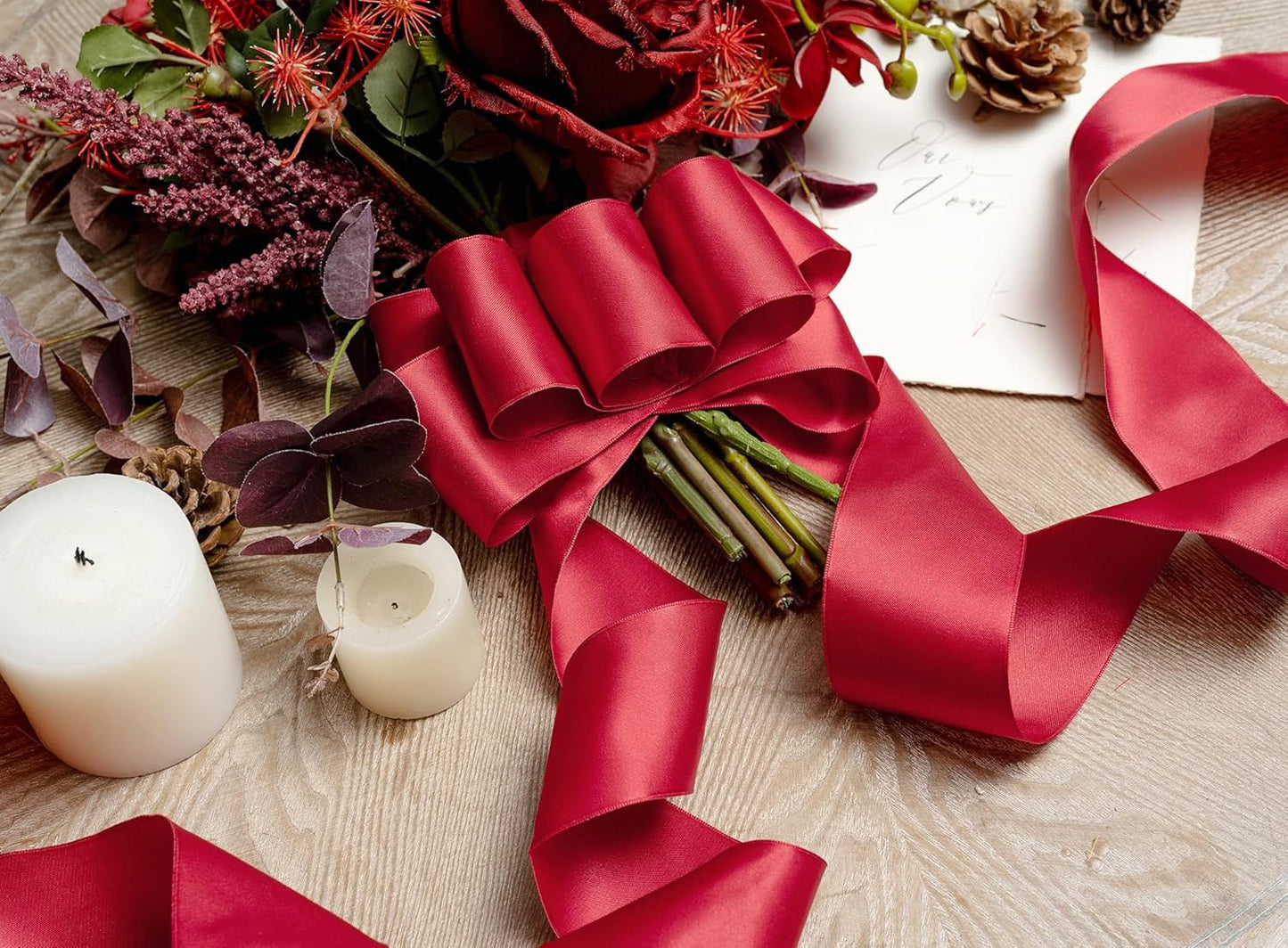 Red Satin Ribbon Double-Faced Wired Ribbons for Gift Wrapping Flower Bouquet Bows Wedding Invitation Christmas Decor Crafts 2-1/2 Inch 10 Yards