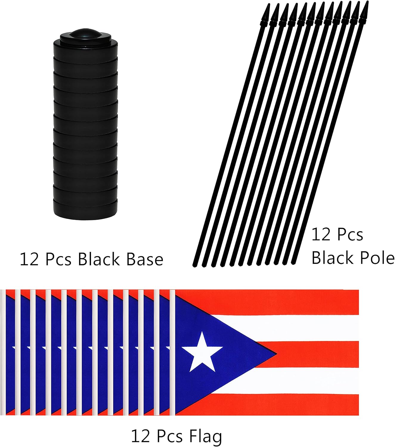 12 Pack Puerto Rico Desk Flags Set, Puerto Rican Small Mini Table Office Flags with 12" Solid Black Pole, 8.2 x 5.5 Inches, Home and Office Decoration, Festival Celebrations