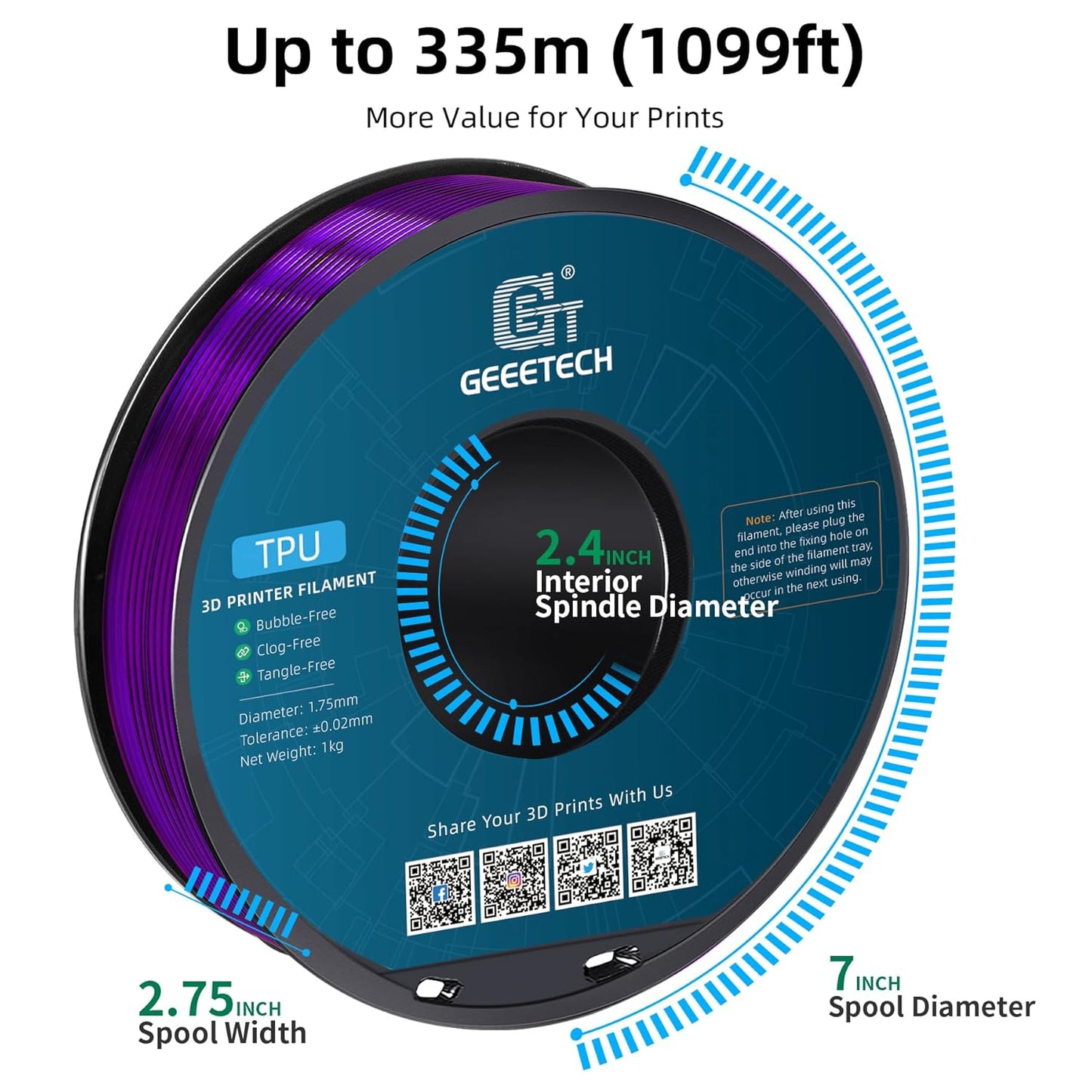 Geeetech TPU Filament 1.75mm, Shore 95A Flexible 3D Printer Filament with High Elasticity, 1KG (2.2lbs) Spool, Dimensional Accuracy ±0.03mm, Fits Most FDM Printers (Clear Purple)