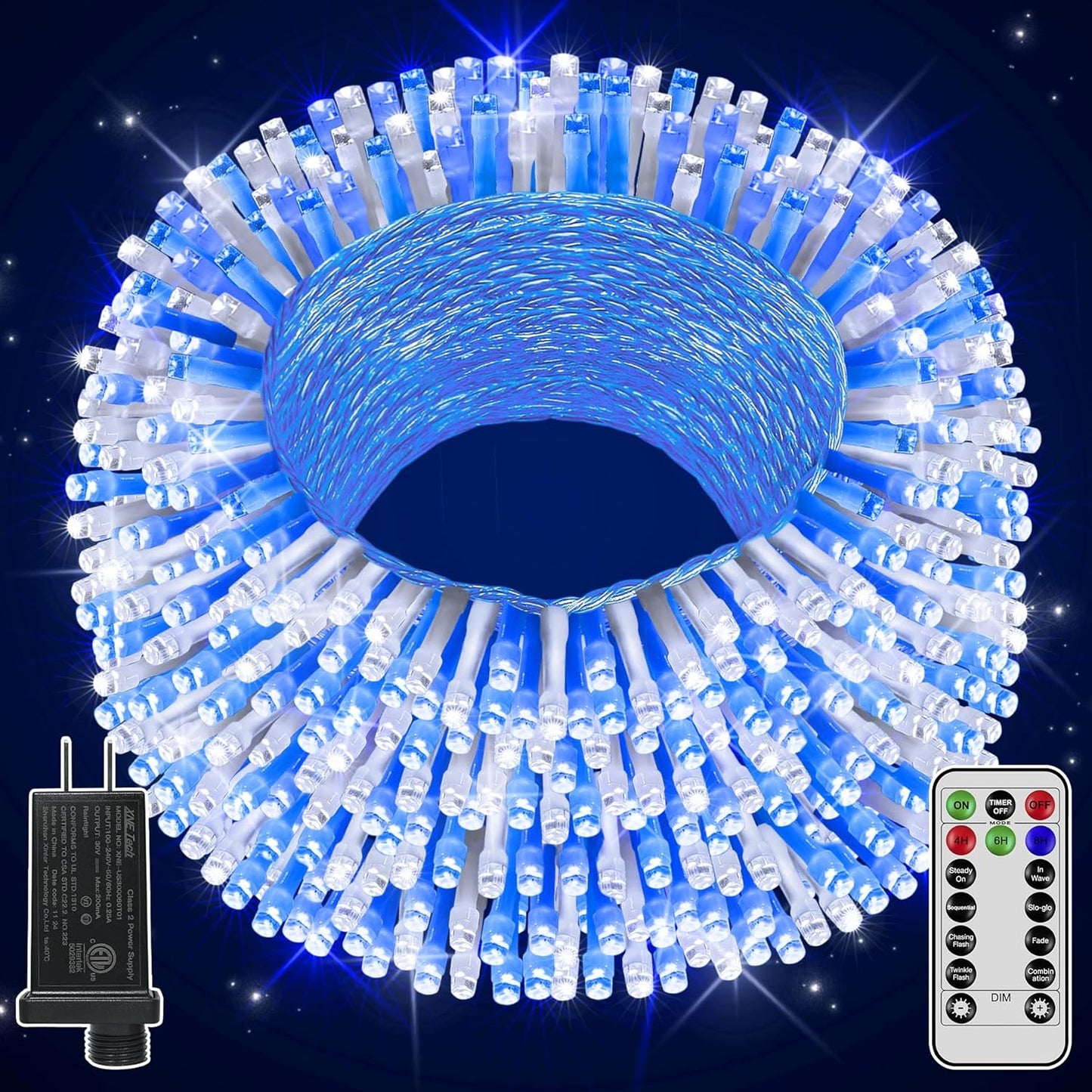 Christmas Lights Outdoor Waterproof, 196FT 600LED String Lights with Remote,8 Modes LED Lights Plug in Twinkle Fairy Light for Party Holiday Decor (Blue+White)