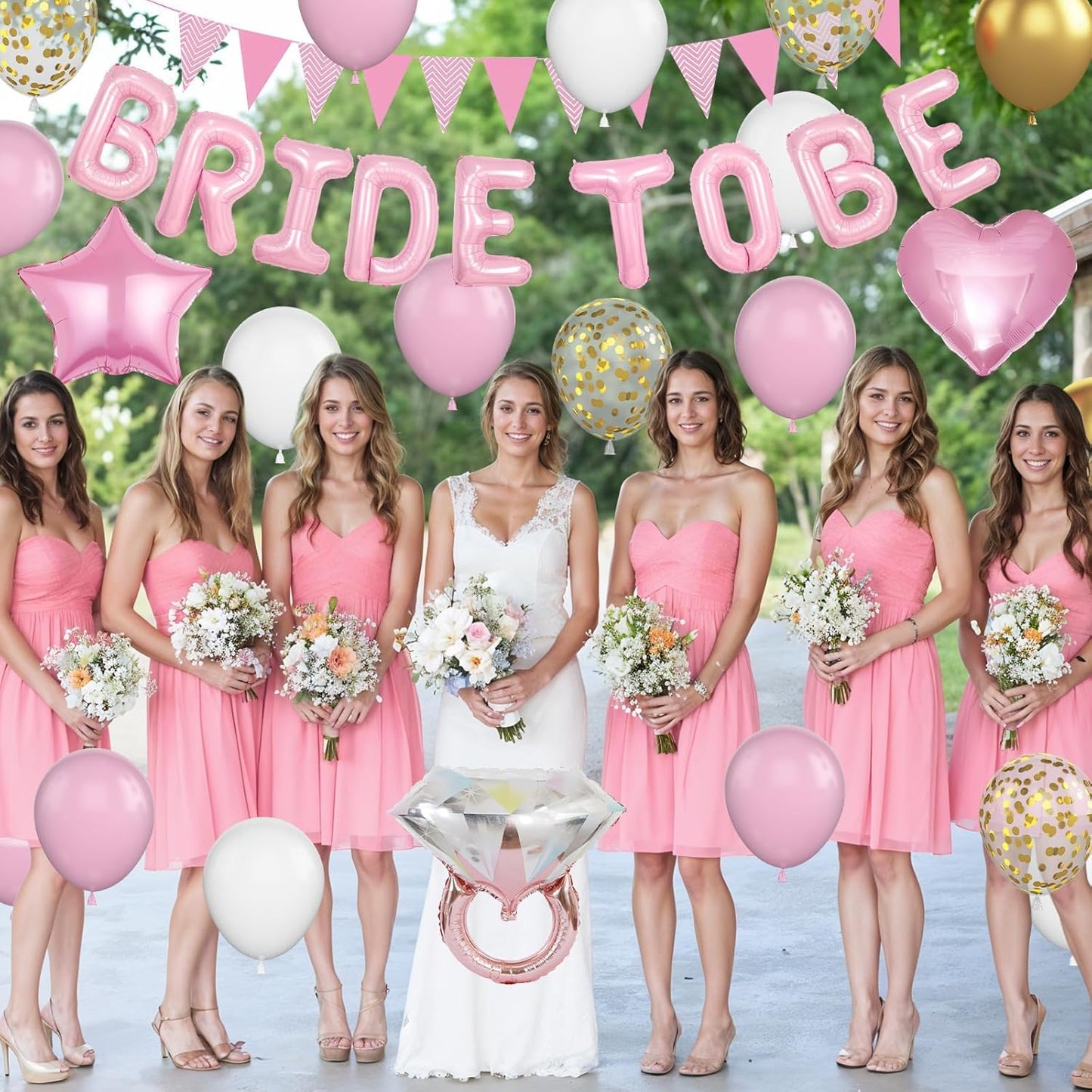 Pink and Gold Bachelorette Party Decorations, Pink Bride To Be Bridal Shower Balloons Decorations, Pink Gold Confetti Balloons with Diamond Ring Star Heart Balloon for Bachelorette Engagement Wedding