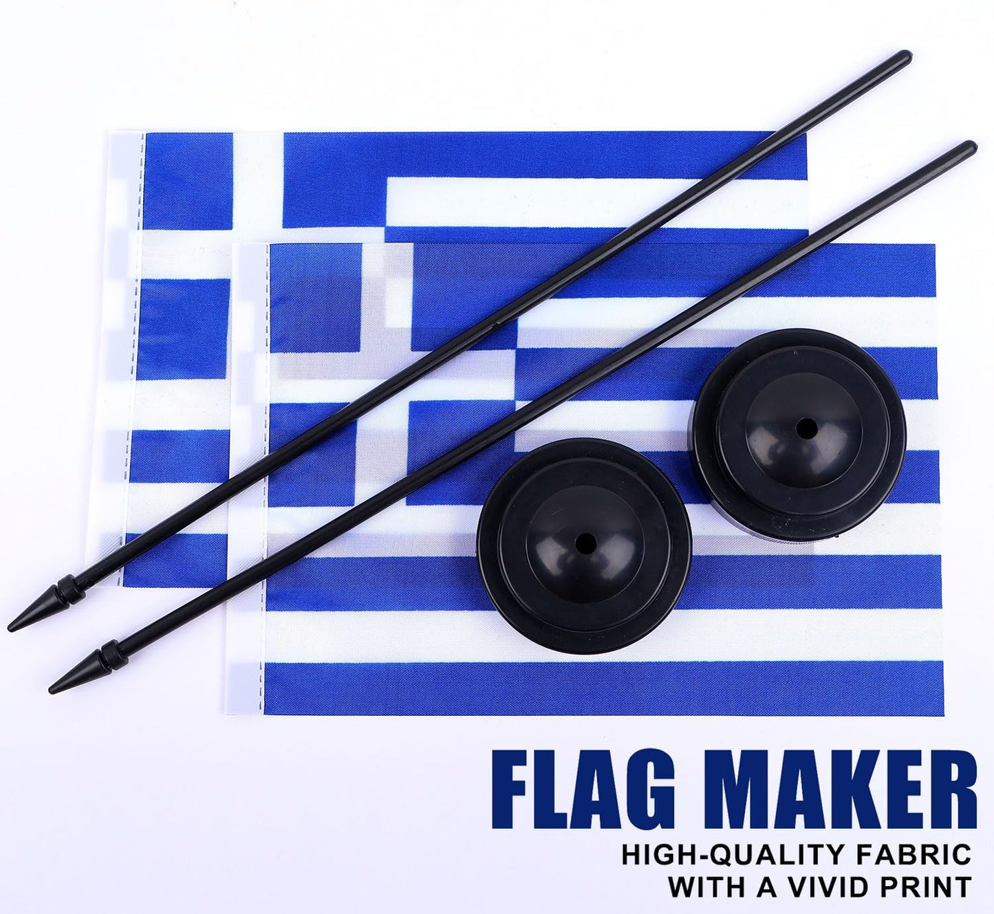 Greece Desk Flag 12" Solid Pole Deluxe Set Greek Flags Banner Mini Small Greece Office Table Flags with Black Stand Base Desktop Decorations(2Pack)