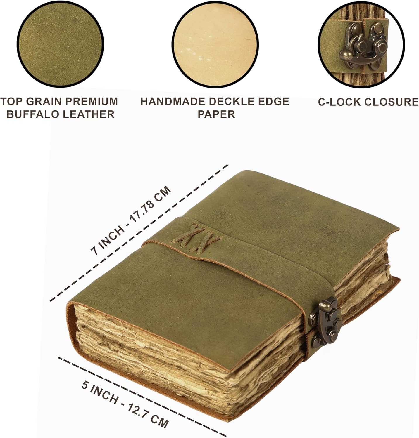 Vintage Leather Journal Handmade Buffalo Non-Refillable Deckle Edge Paper – Leather Bound Journal for Women Men C-Lock Closure Ideal for Writing & Travel for Artists (Green)