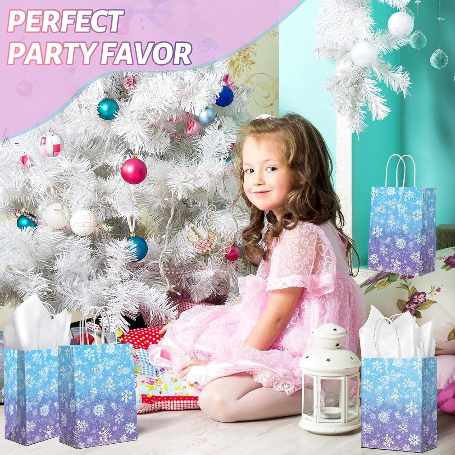 24 Pcs Winter Snowflake Gift Bags, Blue and Purple Snowflake Goodie Bags Bulk with 24 Tissue Paper, Holiday Kraft Paper Party Favor Bags with Handles for Birthday Christmas Winter Wonderland
