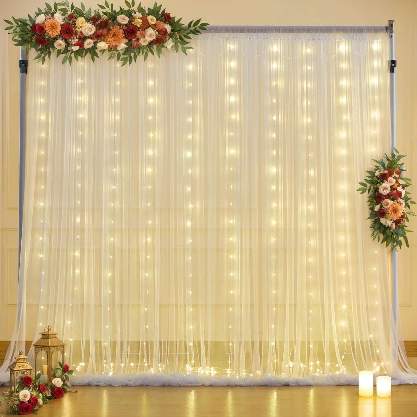10x10ft White Tulle Backdrop Curtain with Lights String for Parties Wedding Twinkle Sheer Backdrop Curtains for Bridal Shower Birthday Party Baby Shower Photo Booth Decorations