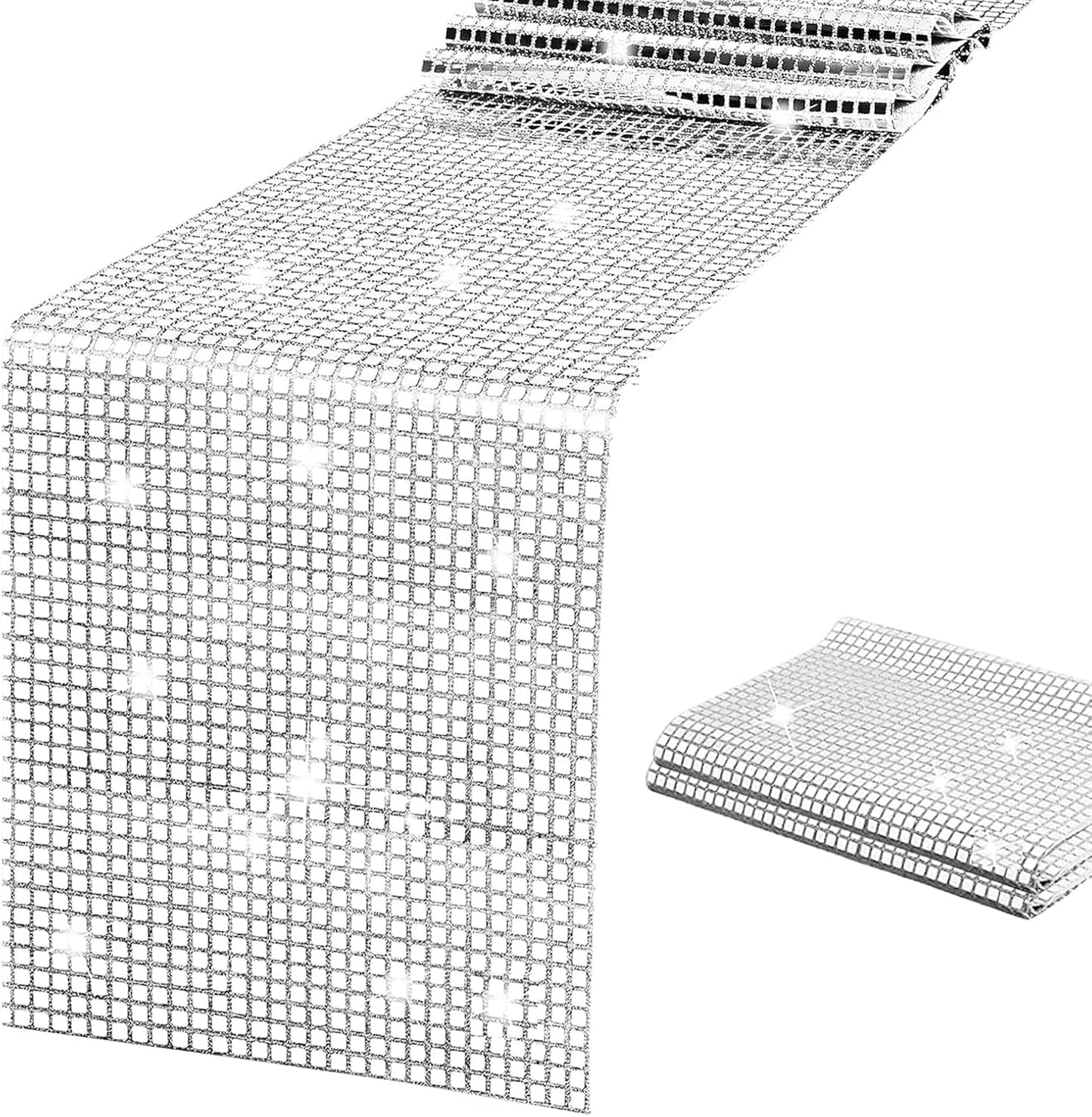 SquarePie Disco Table Runner 2 Pack - Silver Mirror Sequin Glitter Foil Runner for Disco Party Decor Retro 70s 80s Theme, Bachelorette Birthday Dance Decoration 12x108 Inch