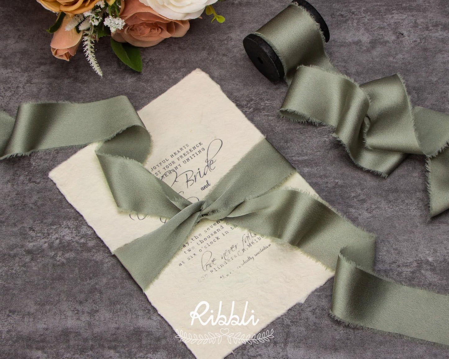 Ribbli Dusty Sage Green Silk Satin Ribbon 1.5 Inch x 12 Yard Handmade Frayed Chiffon Ribbon with Wooden Spool for Gift Wrapping, Wedding Invitations, Bridal Bouquets, Home Decor
