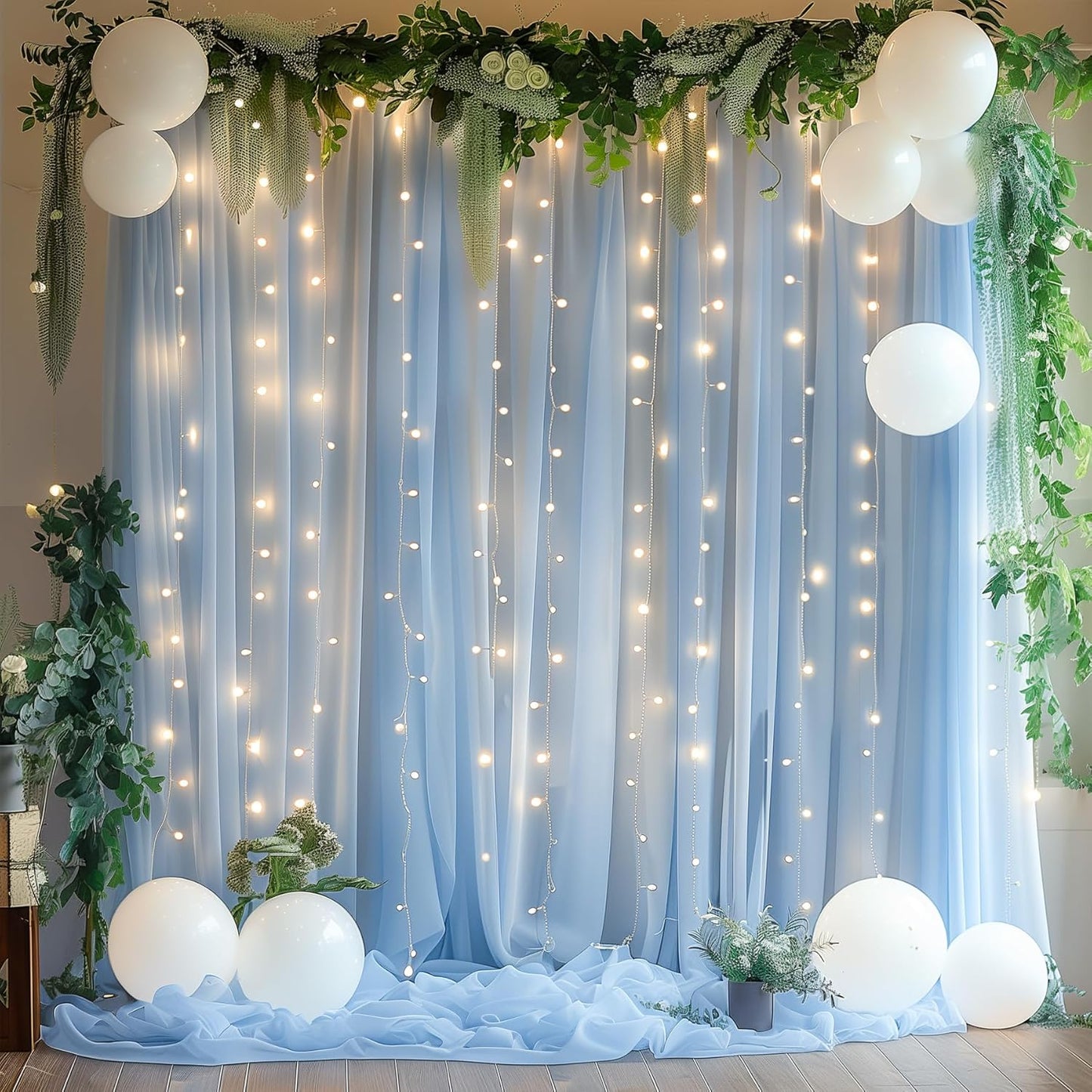 30×10ft Blue Tulle Backdrop Curtain with Lights String for Parties, Sheer Photo Backdrop Curtains for Wedding Party Photography Background