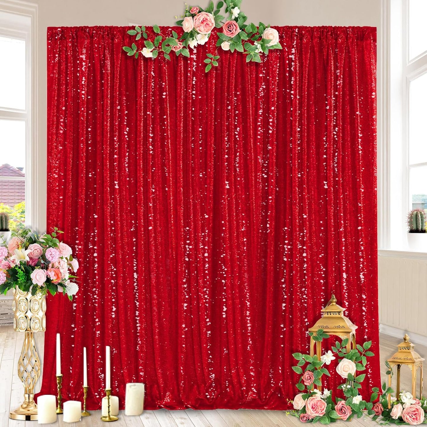 Glitter Party Backdrop Curtain Red - Sequin 10ft x 10ft Background Drapes for Valentines Day Christmas Birthday