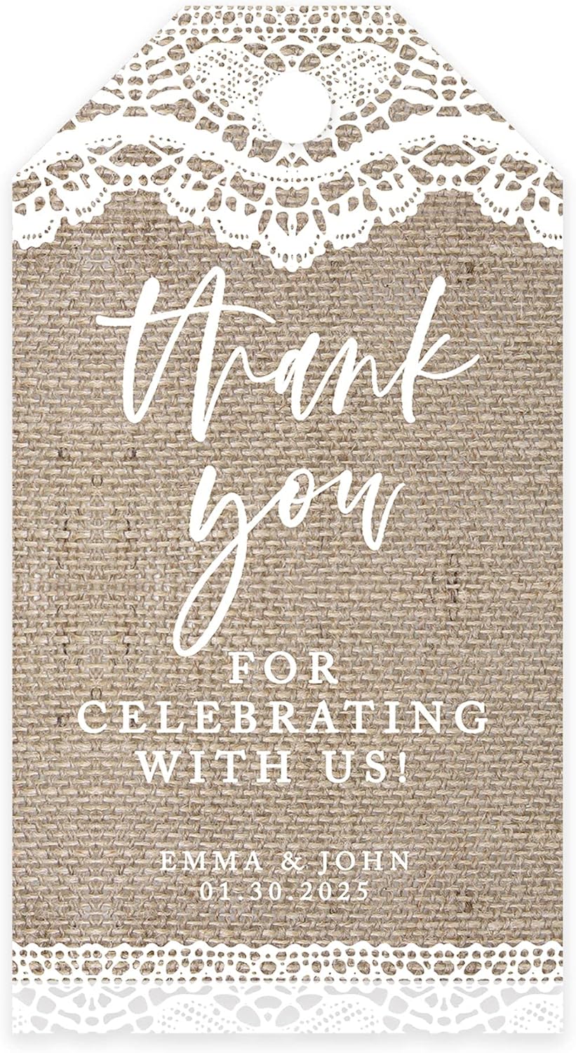 Andaz Press 100-Pack Personalized Thank You Tags with Bakers Twine Burlap Lace Custom Cardstock Wedding Gift Tags for Wedding Party Favors 2 x 3.75-Inches