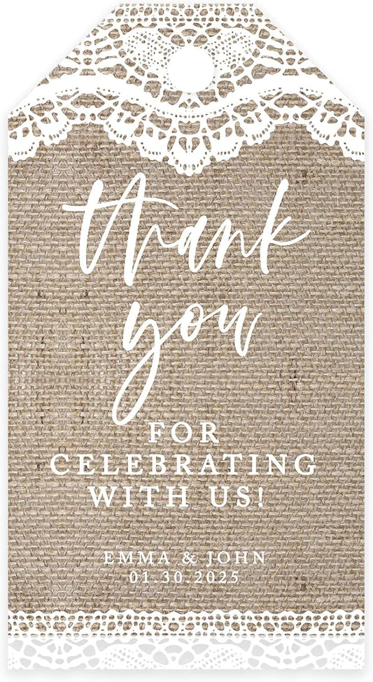 Andaz Press 100-Pack Personalized Thank You Tags with Bakers Twine Burlap Lace Custom Cardstock Wedding Gift Tags for Wedding Party Favors 2 x 3.75-Inches