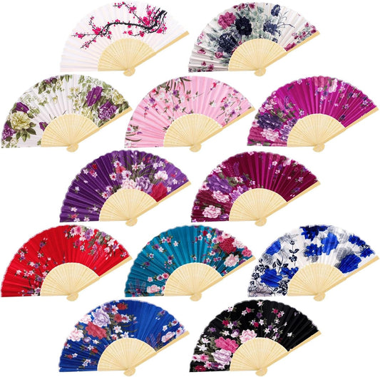 durony 12 Pieces Floral Folding Fans Silk Bamboo Handheld Fans Vintage Handheld Fan Flower Patterns Fabric Fans for Wedding Gifts, Dancing, Party Favors, Multicolor