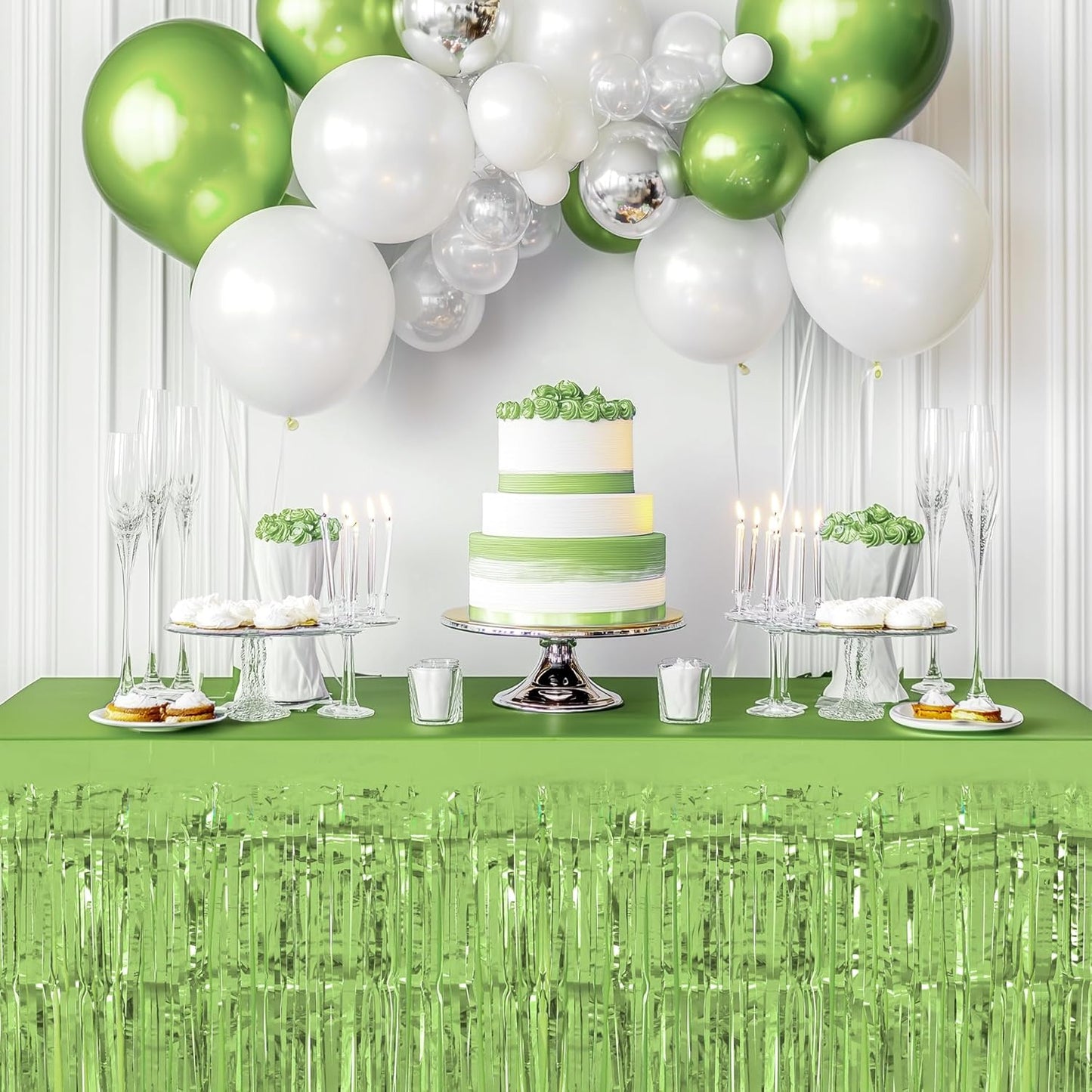 1 Pack Light Green Table Skirts, 29x108" Metallic Foil Tinsel Fringe Table Skirts for Rectangle Tables Streamer Curtains Backdrop, Party Decorations for Birthdays Weddings Holidays