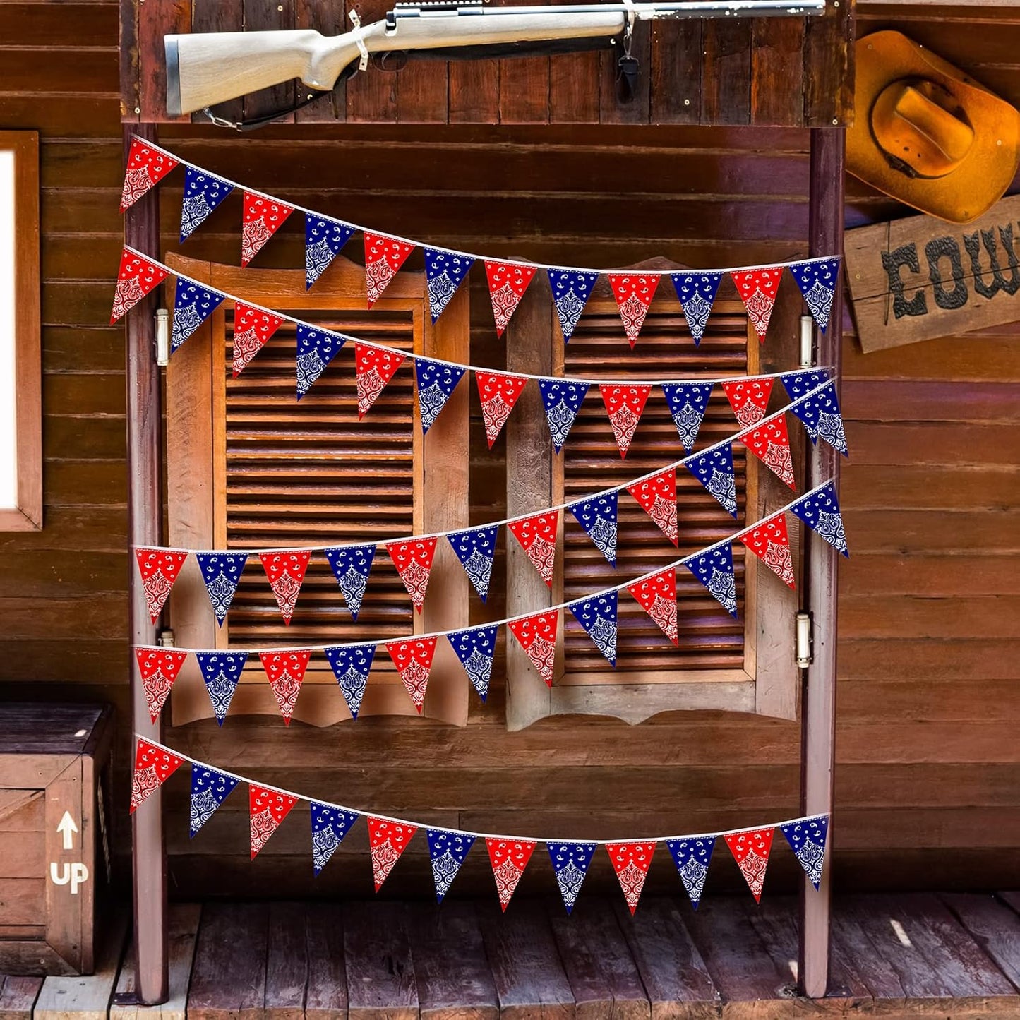 Frienda 6 Pack Western Cowboy Party Decorations Bandana Pennant Banner Christmas Wild West Rodeo Decor Red and Blue Country Decorations for Cowboy Themed Party Decoration, 9.8 Feet