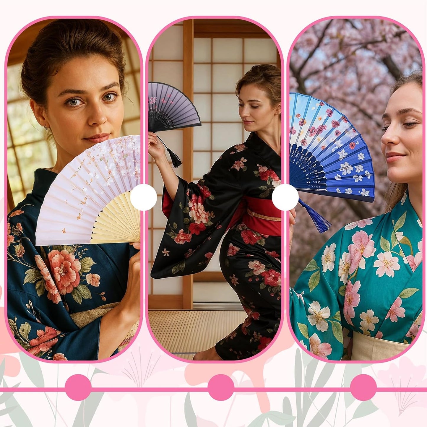 12 Pcs Fans for Line Dancing Vintage Silk Floral Folding Fan Chinese Hand Fans for Women Bulk Bamboo Handheld Fan with Tassel for Wedding Party Cosplay Supplies