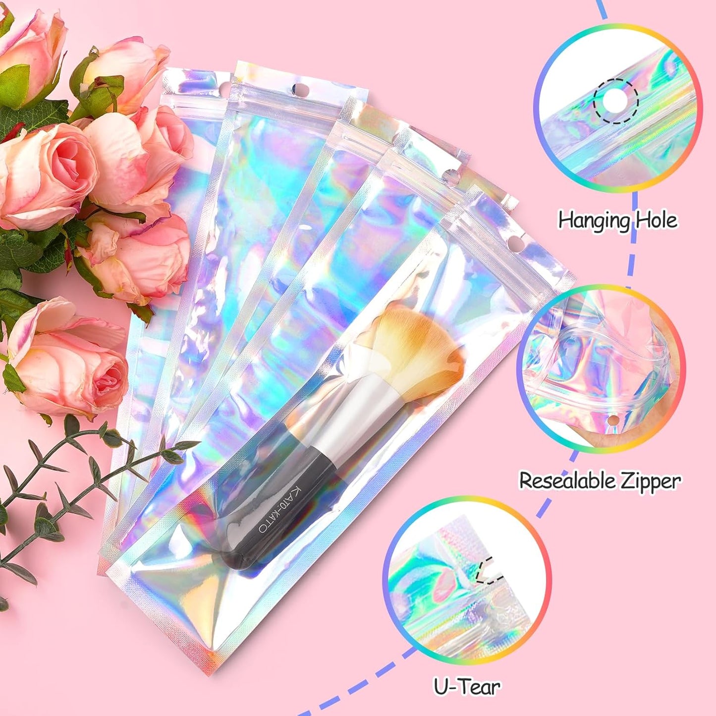 FUNFERY 100 Pack Holographic Bags Clear Window Resealable Bags for Candy Party Favor, Mylar Zipper Bag Stripping Foil Pouch Packaging Bag for Pen,Jewelry,Brushes Small Business Supplies(2.7x9in)