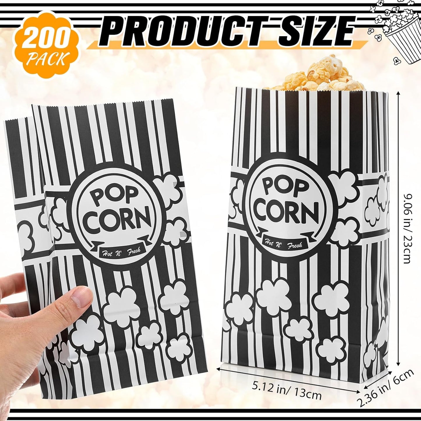 200 Pcs Paper Popcorn Bags Bulk 2 oz Large Flat Bottom Boxes Red and White Disposable Container Sleeve Movie Night Popcorn Bucket for Retro Movie Themed Party Carnival Supplies (Black and White)