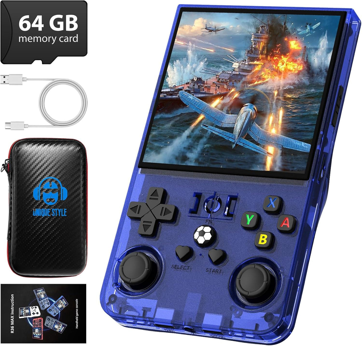 R36MAX Retro Handheld Game Console, 4.0 Inch 720x720 IPS Screen, Built-in 18,000+ Classic Game, Portable Hand Held Open Source Linux System, 4000mAh Battery Retro Gaming Console (Blue 64GB)