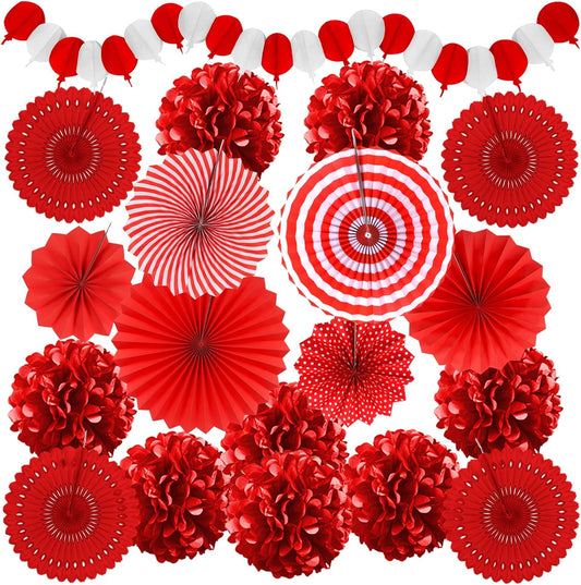 Red Party Decorations, Papar Fans Pompoms Fans Garlands for Birthday Bridal Baby Shower Wedding Graduation New Years Valentine's Day Party Decorations
