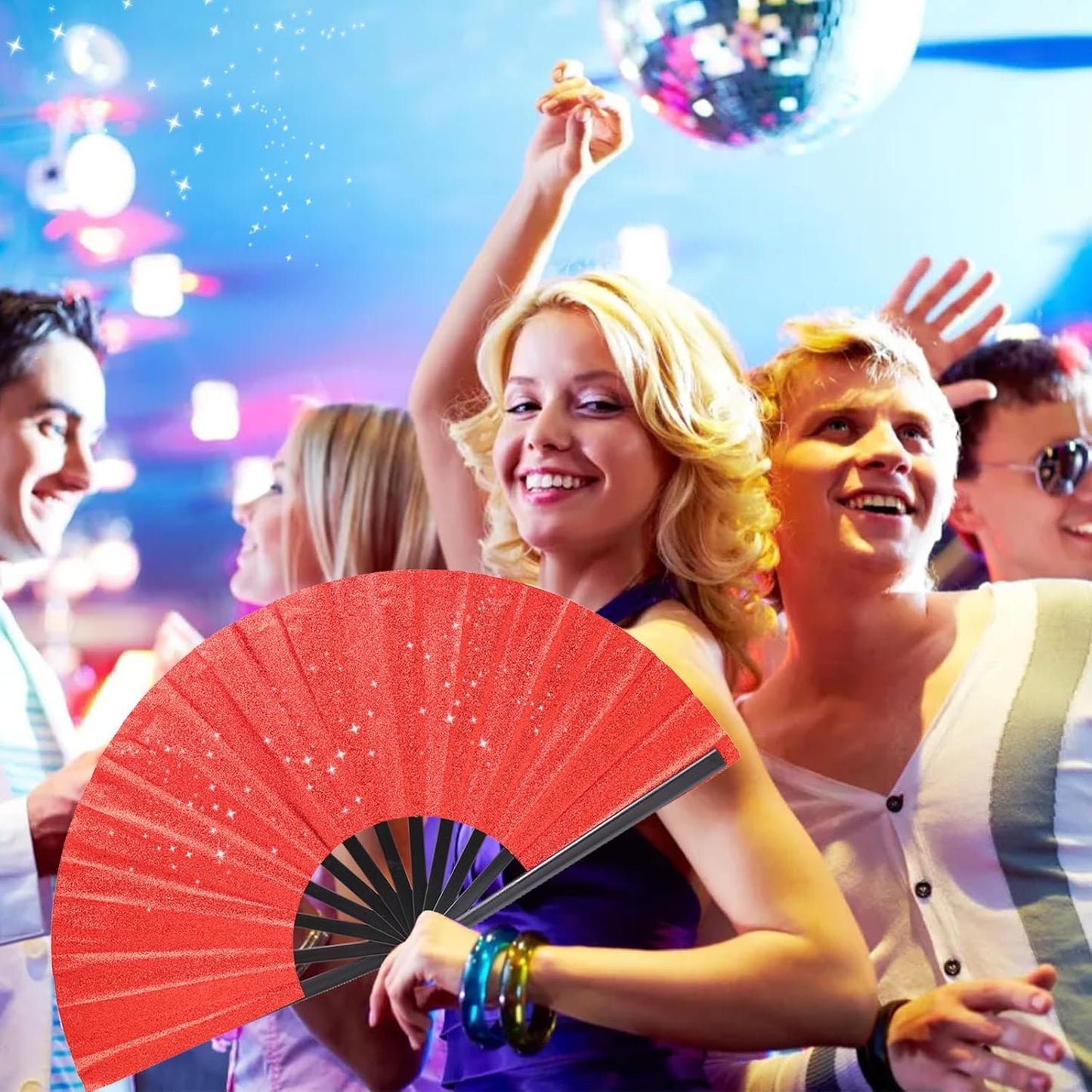 Glitter bling Large Folding Fan-Hand Fan Rave Clack Popping Fan for Line Dancing Clacking Fans for Boots On The Ground Dance, Party for EDM, Music Festival, Hot Flashes, Party, Decoration(3pcs red)