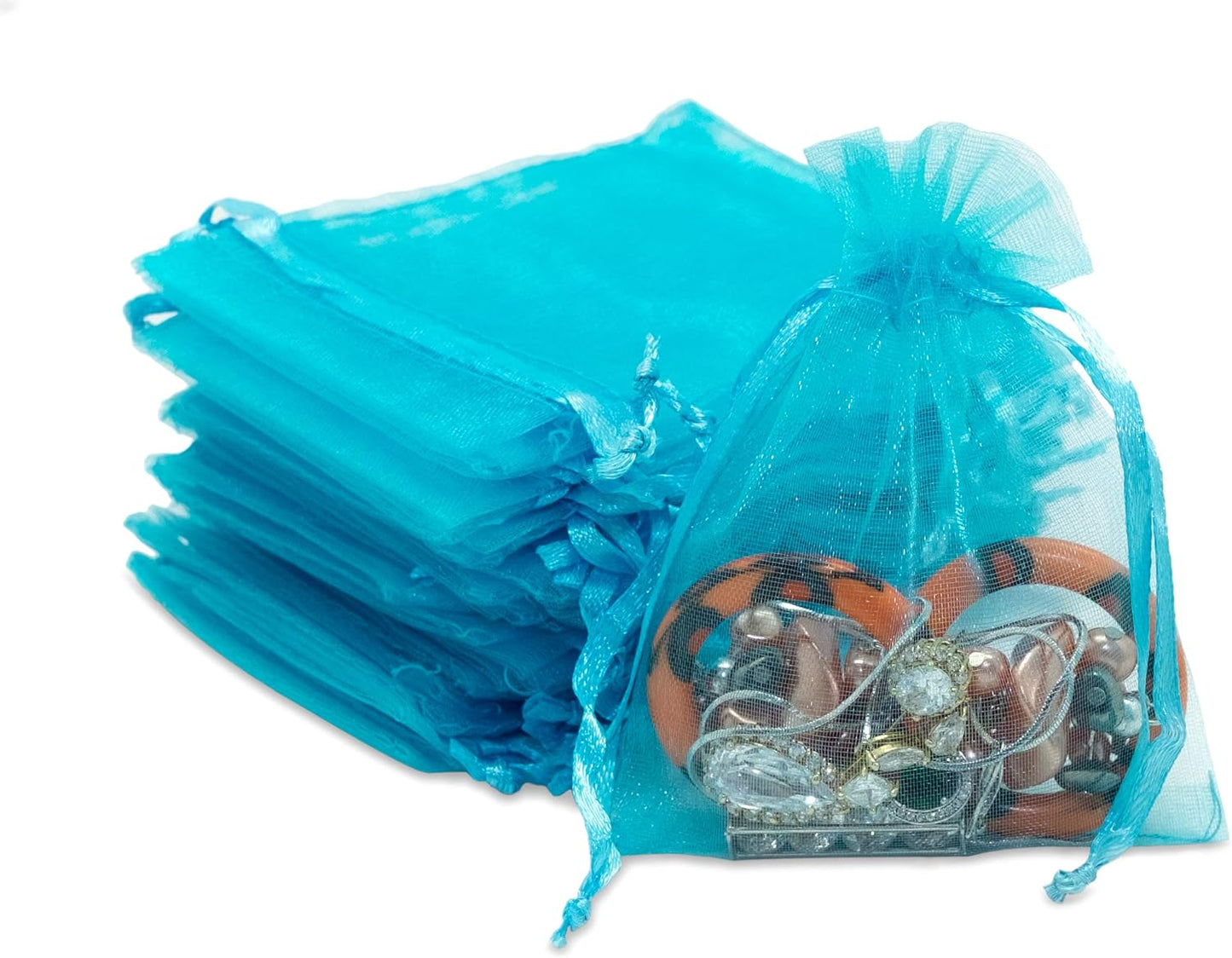 TheDisplayGuys 100-Pack 3x4 Turquoise Blue Sheer Organza Gift Bags with Drawstring, Jewelry Candy Treat Wedding Party Favors Mesh Pouch