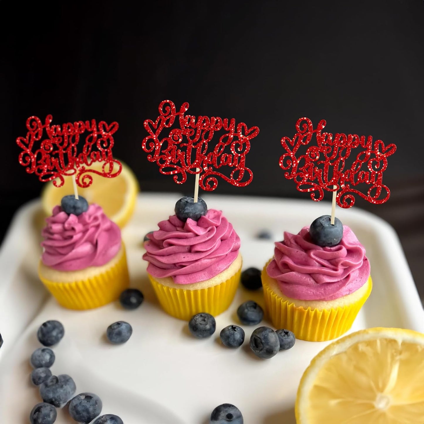 Gyufise 24Pcs Happy Birthday Cupcake Toppers Glitter Happy Birthday Cupcake Picks for Celebrating Happy Birthday Anniversary Theme Party Cake Decorations SuppliesRed