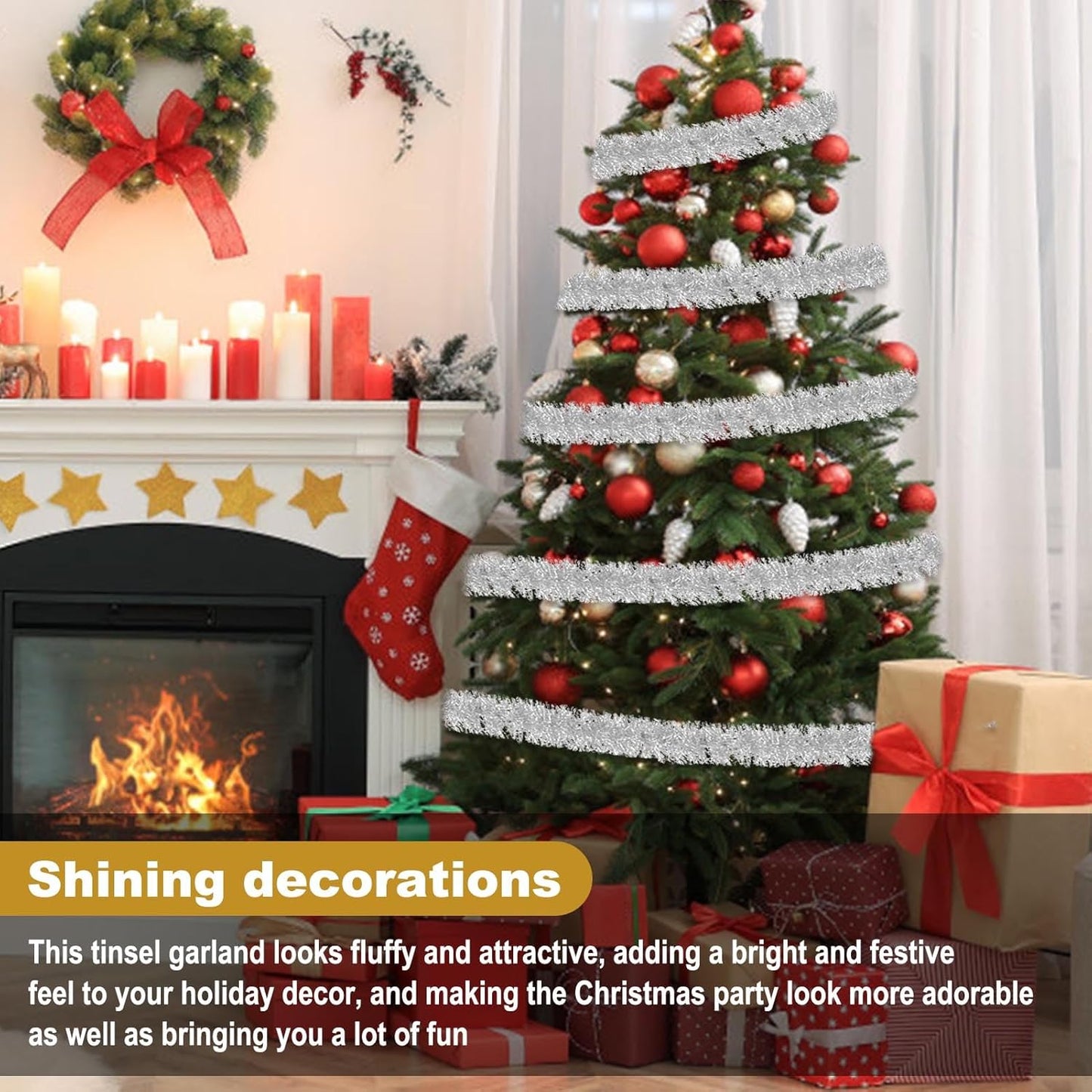 50 Feet Silver Christmas Tinsel Garland, Metallic Foil Twist Garland Wall Hanging Tinsel Banner Backdrop for Parade Floats, Easter, Mother's Day, Wedding Party Decorations (2in x 50ft)