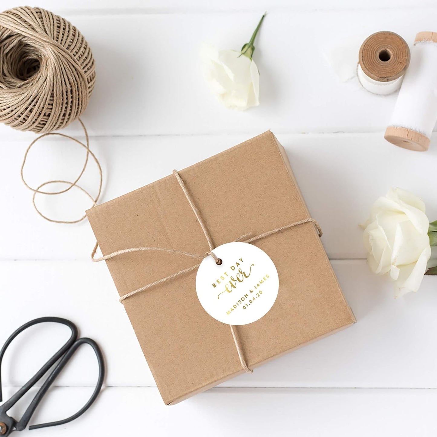 Andaz Press Personalized Round Circle Wedding Gift Tags, Metallic Gold Ink, Best Day Ever, 24-Pack, Custom Made Any Name