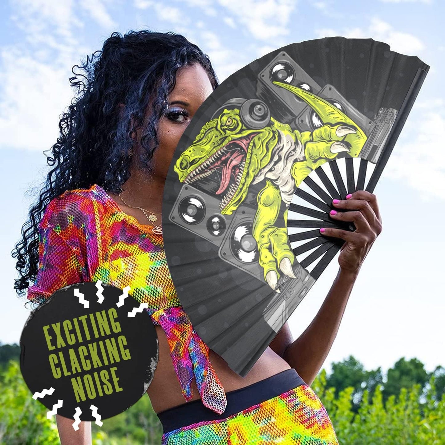GloFX Folding Fan - DJ Dino - Large Rave Clack Folding Hand Fan for Men/Women - for EDM, Music Festival, Club, Event, Party, Dance, Performance, Decoration, Gift
