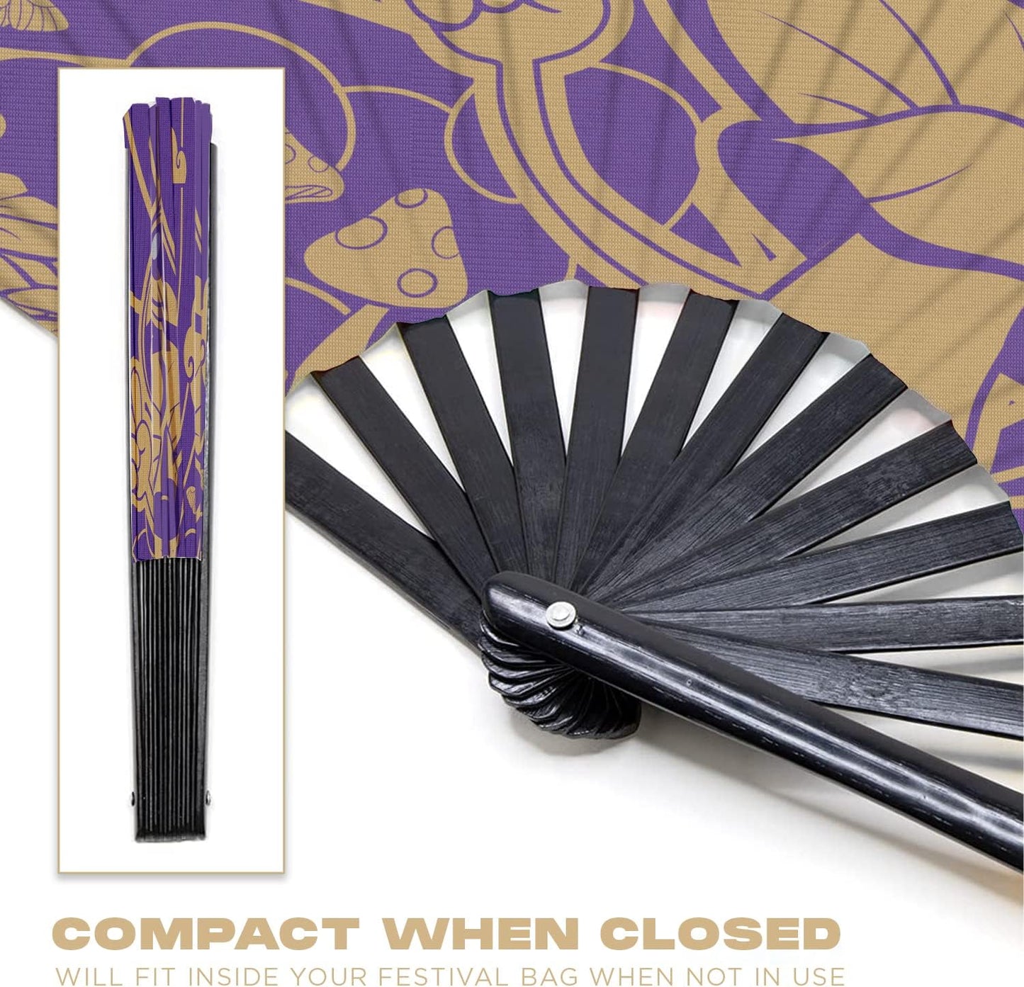 GloFX Rave Fan - Groovy Mushroom - Large Folding Fan - Music Festival Essential, EDM Rave Accessories, Folding Hand Fan, Clack Fan