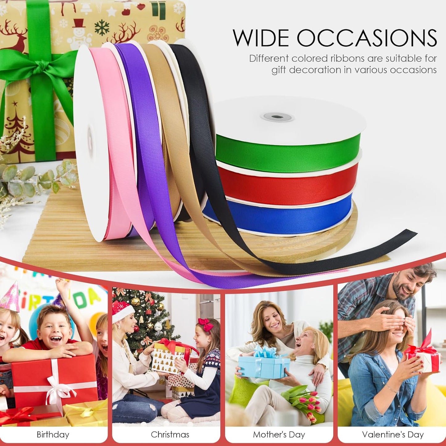 50 Yards 5/8 inch Grosgrain Ribbon, Solid Color Fabric Ribbon Perfect for Gift Wrapping, Wedding, Handmade Bows, Floral Bouquets and Party Decoration(red)