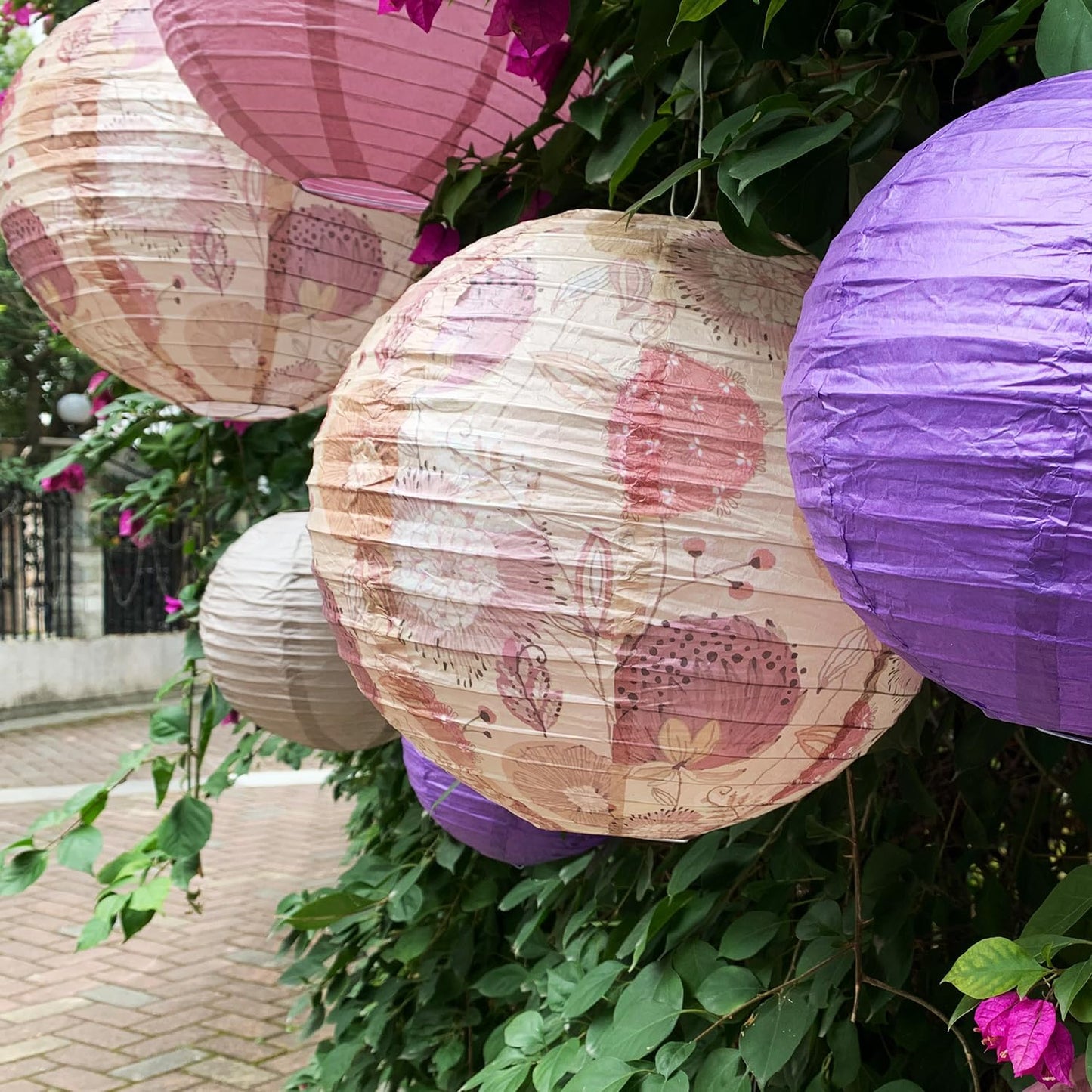 Paper Lanterns Party Decorations Size of 12’10’8inch Floral Pattern Purple Pink Japanese Chinese Lantern Hanging Paper Lantern Bohemian Style Baby Shower Birthday Decorations