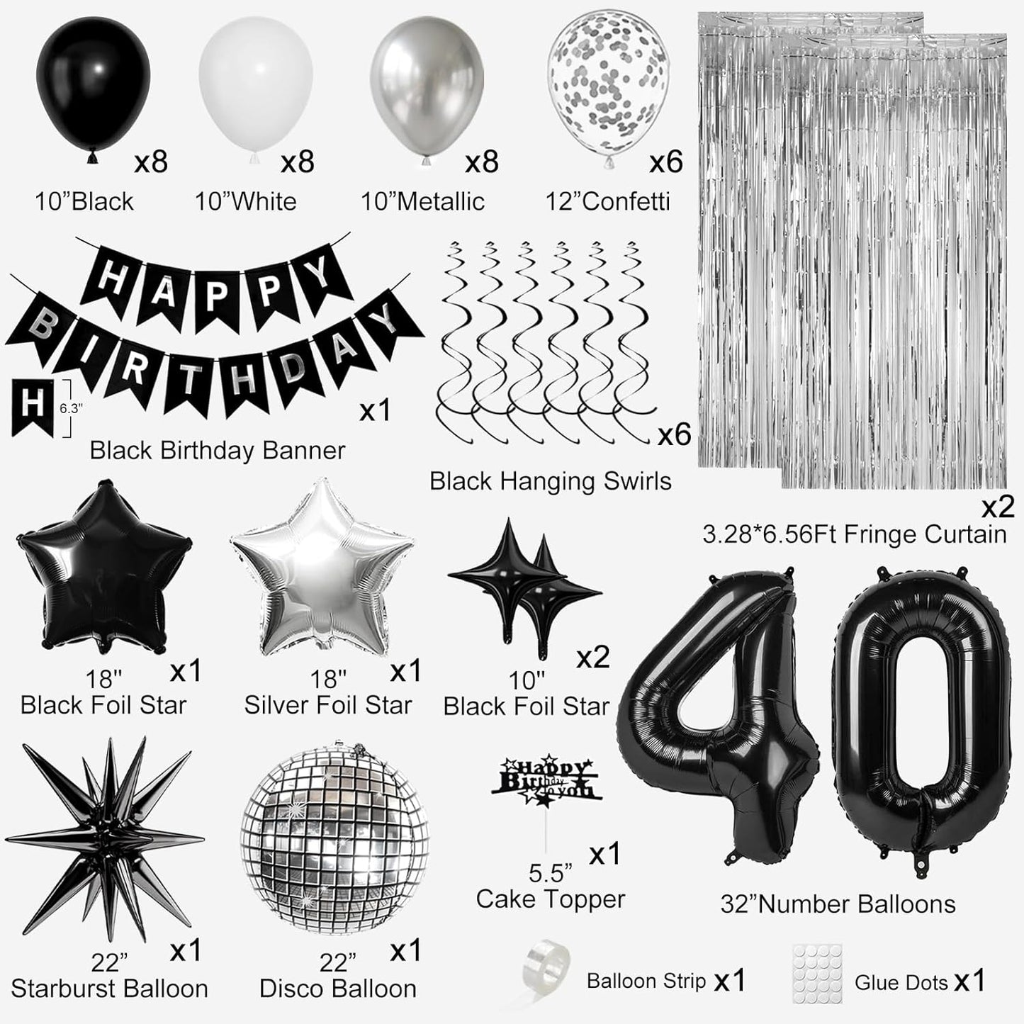 40th Birthday Decorations for Men Women, Black Silver Happy Birthday Party Decorations， 40 Year Old Party Supplies with Number 40 Balloons, Banner, Fringe Curtains Kit