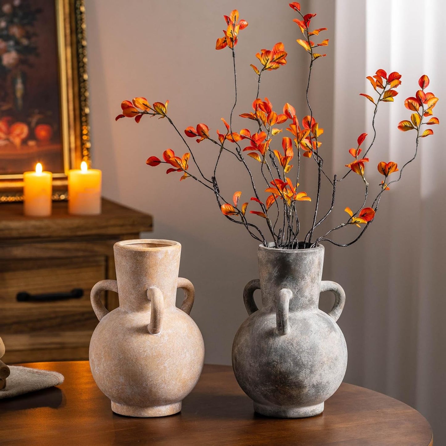 Beige Vintage Terracotta Ceramic Vase with Handles, Rustic Pottery Tulip Vase for Cottage Core Home Mantle Decor, Large Bulk Flower Vases Farmhouse Table Centerpieces, Jarrones Decorativos para Sala