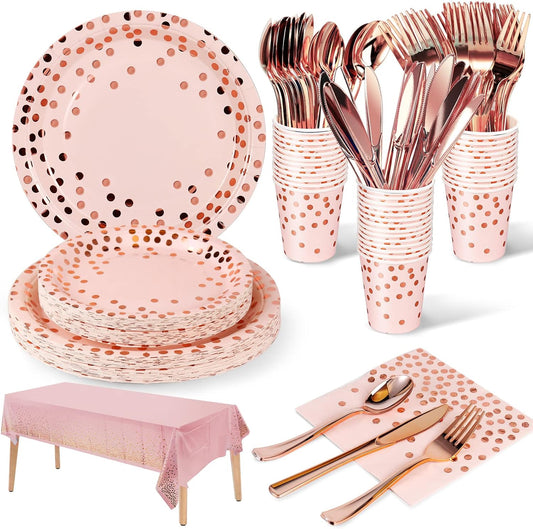 141 Pieces Pink and Rose Gold Party Supplies, Party Dinnerware Sets Include Paper Plates Napkins Cups Silverware, for Wedding Bridal Shower Engagement Birthday Parties Decoration -20 Serves