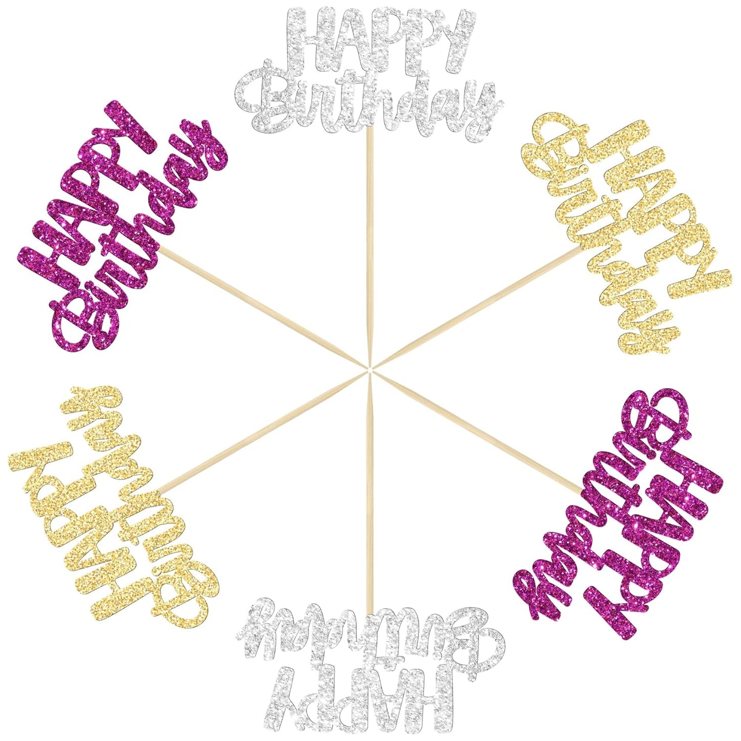 Gyufise 24Pcs Happy Birthday Cupcake Toppers Glitter Birthday Cupcake Food Picks for Celebrating Hunter Theme Party Cake Decorations Supplies Purple Gold Silver