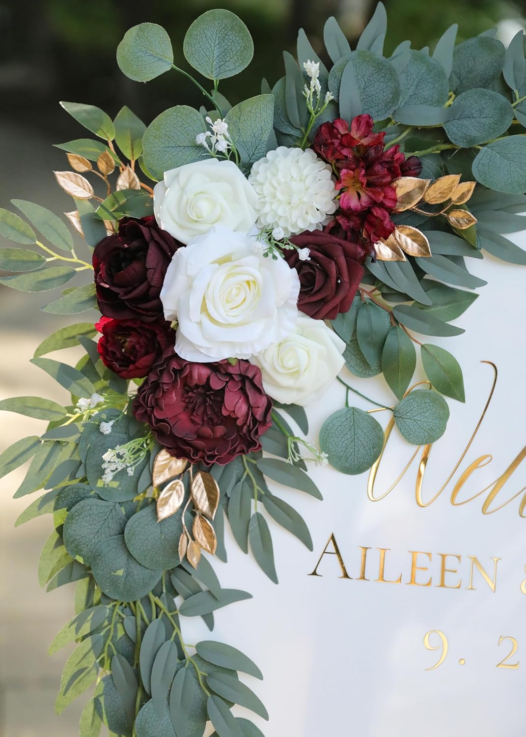 Artificial Burgundy Wedding Arch Flower Swags Set of 2 for Welcome Signs, Reception and Ceremony Decorations - Ivory Floral Decor