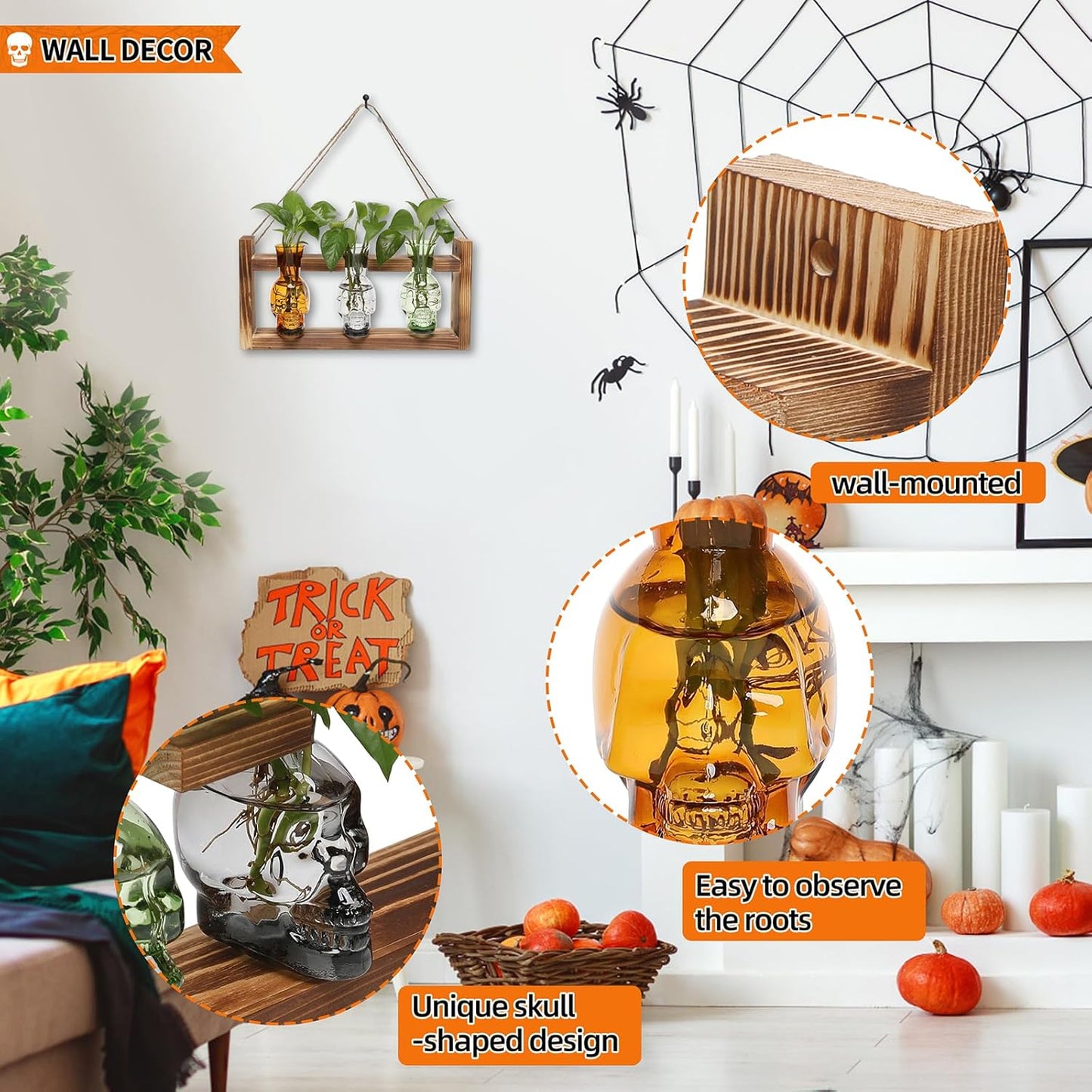 Plant Terrarium Propagation Stations Hydroponics Halloween Skull Planter Vase Skulls Decor with Wooden Stand Gift for Father