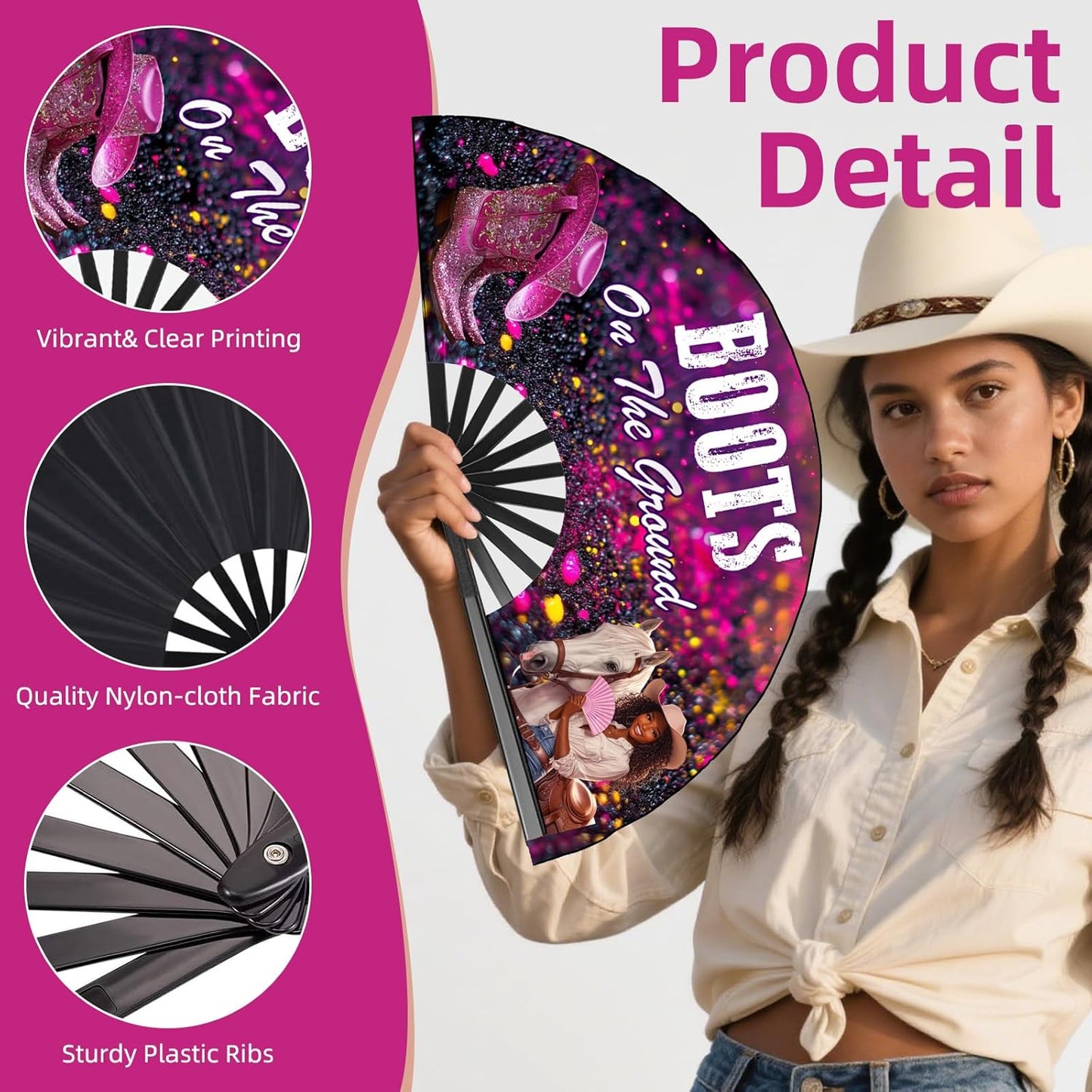 Boots on The Ground Hand Fan,2 Pack Clacking Fans for Line Dancing Folding Hand Classic,13'' Large Where Them Fans at Line Dance Popping Fan for Dance,Festival,Performance,Party