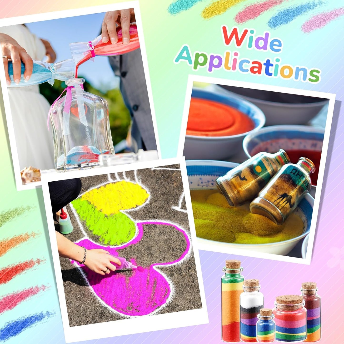 Wettarn 120 Pcs 1.25 oz Sand Art Bottle Kits 60 Colors of Sand and Bottle for Rangoli Art Painting DIY Drawing Favor Diwali Wedding Decoration Vase Glass Crafty Collection (Multicolor)