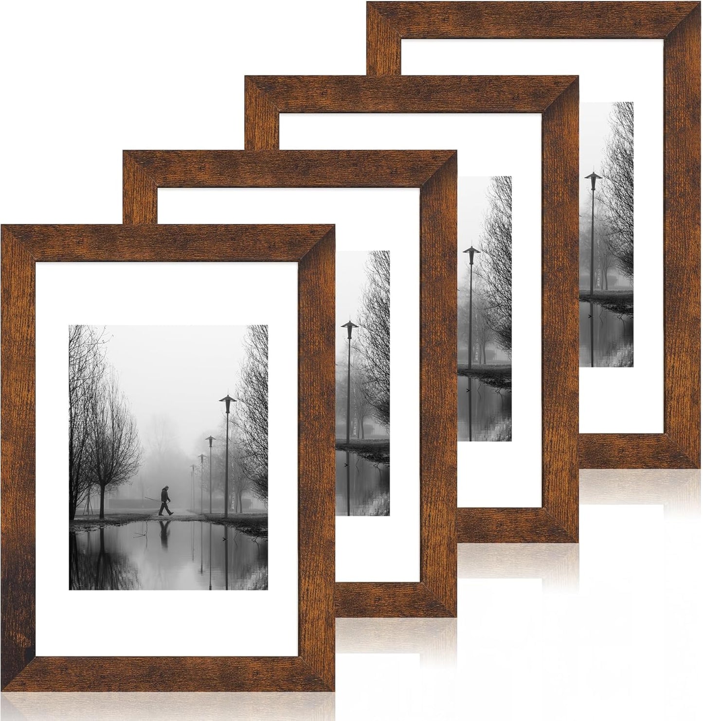 8x12 Picture Frame Set of 4 with High Definition Real Glass, Display 6x8 Pictures with Mat or 8 x 12 Without Mat, Wood Rustic Photo Frames for Tabletop and Wall Mounting